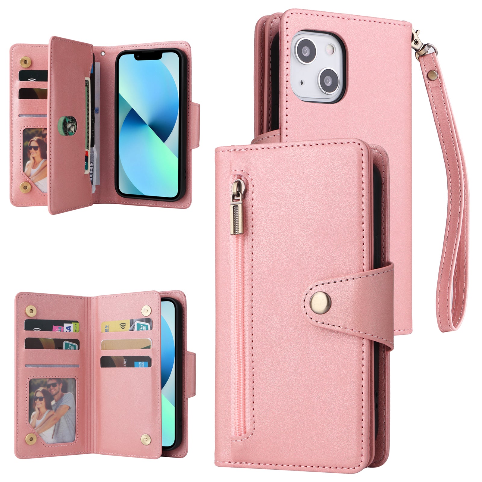 For iPhone 13 6.1 inch Case PU Leather Zipper Pocket Stand Phone Cover with Rivet Decor