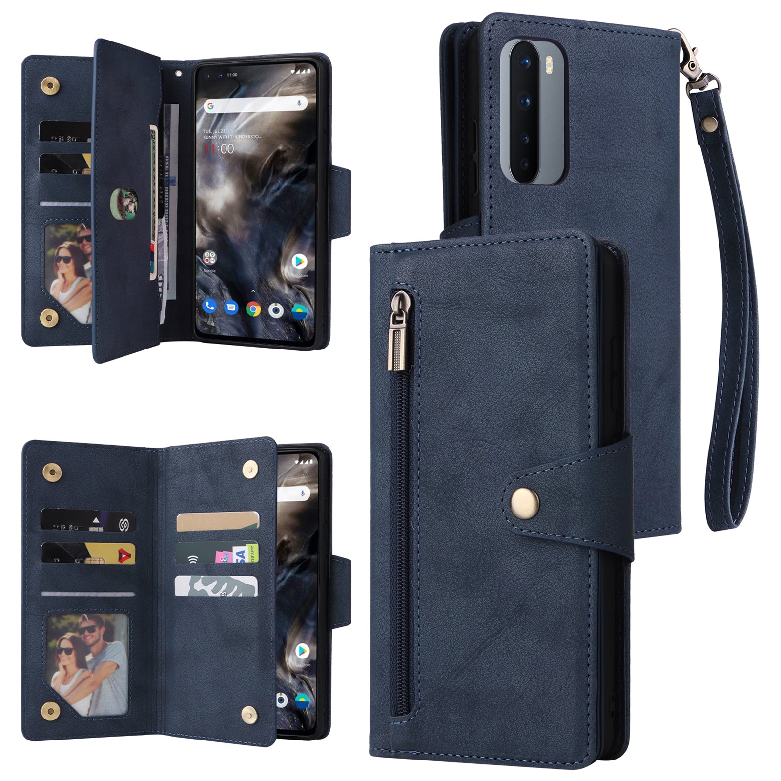 For OnePlus Nord Case PU Leather Foldable Stand Wallet Phone Cover with Rivet Decor