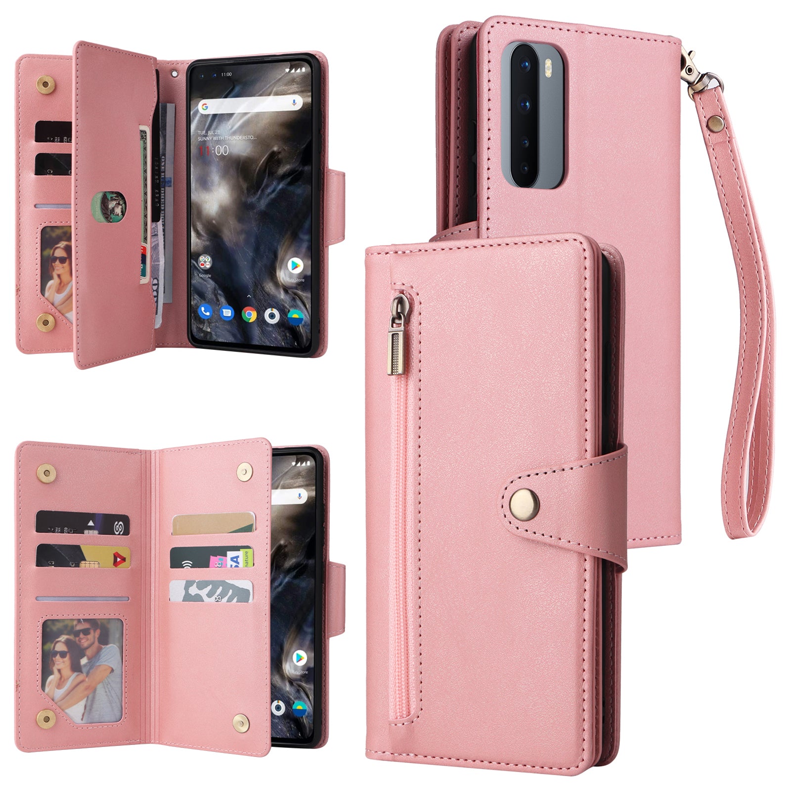 For OnePlus Nord Case PU Leather Foldable Stand Wallet Phone Cover with Rivet Decor