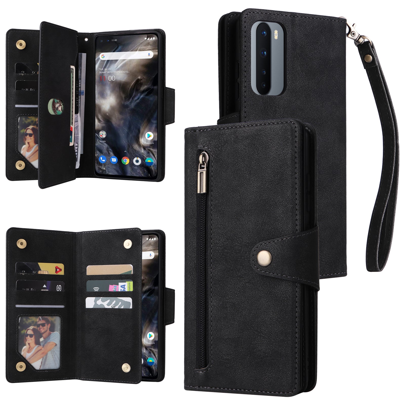 For OnePlus Nord Case PU Leather Foldable Stand Wallet Phone Cover with Rivet Decor