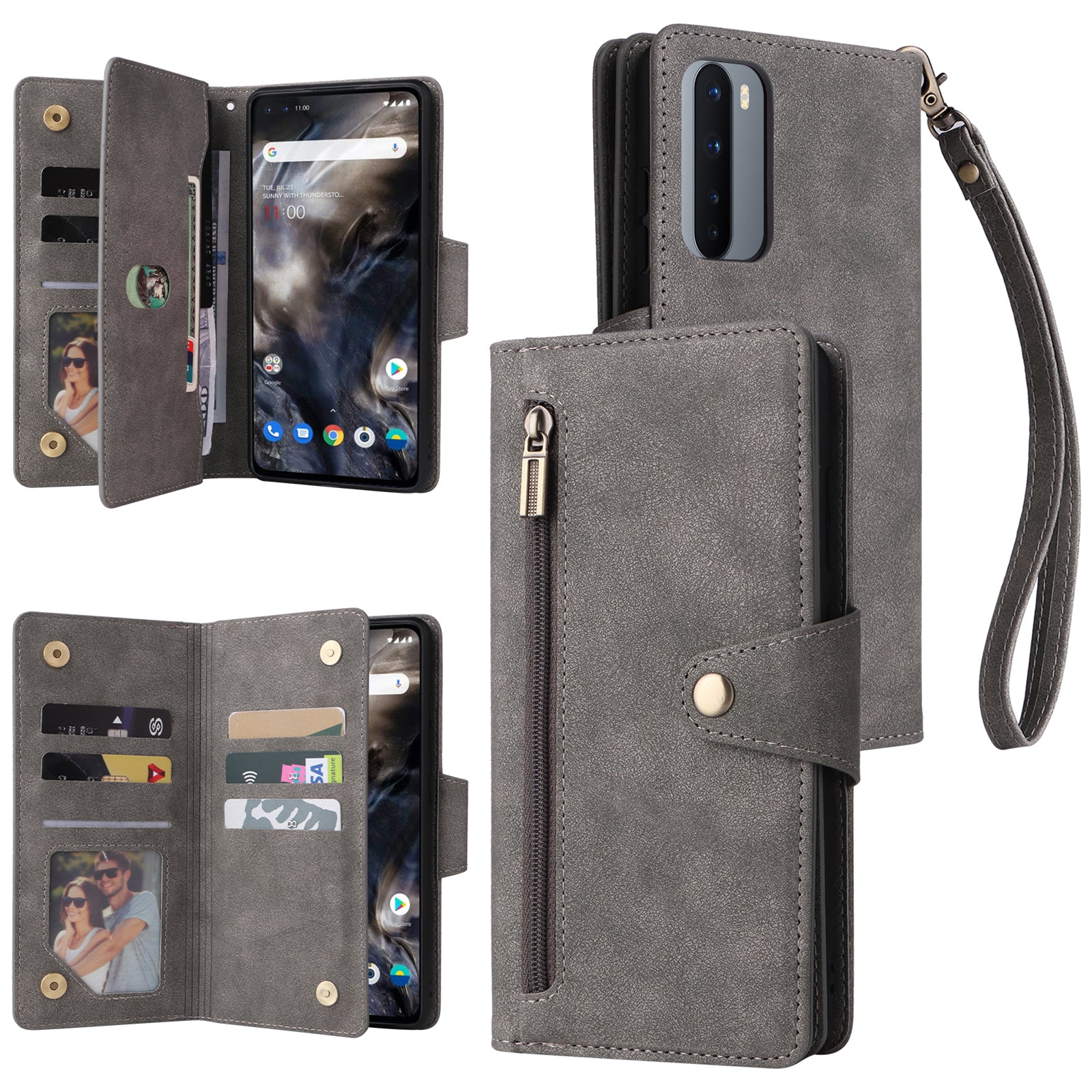 For OnePlus Nord Case PU Leather Foldable Stand Wallet Phone Cover with Rivet Decor