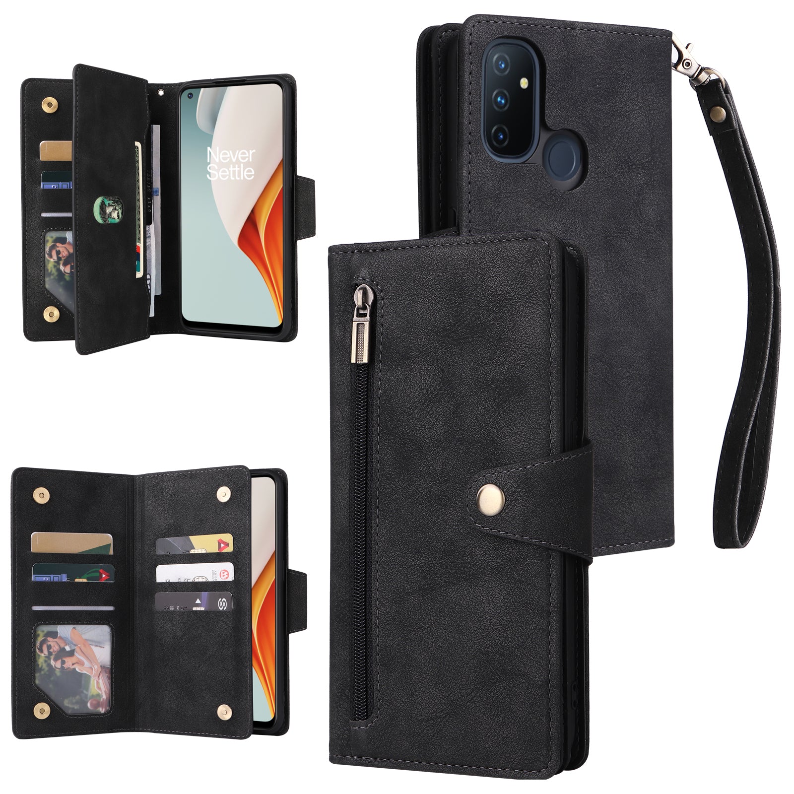 For OnePlus Nord N100 Case Zipper Pocket PU Leather Stand Rivet Decor Phone Cover