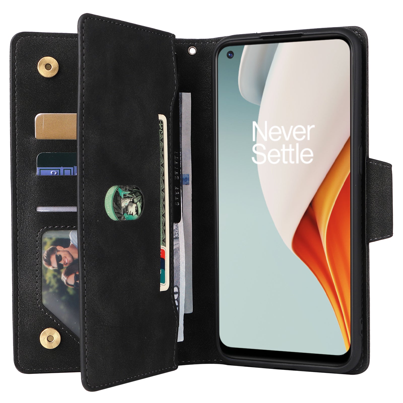 For OnePlus Nord N100 Case Zipper Pocket PU Leather Stand Rivet Decor Phone Cover