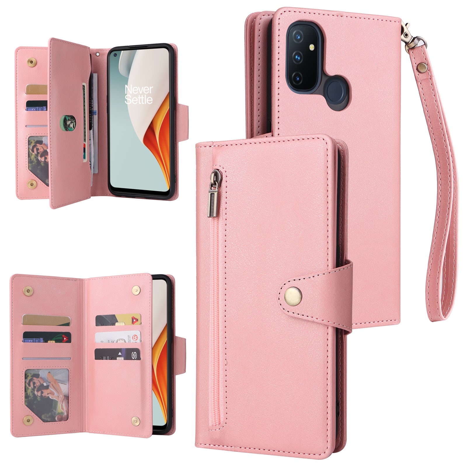 For OnePlus Nord N100 Case Zipper Pocket PU Leather Stand Rivet Decor Phone Cover