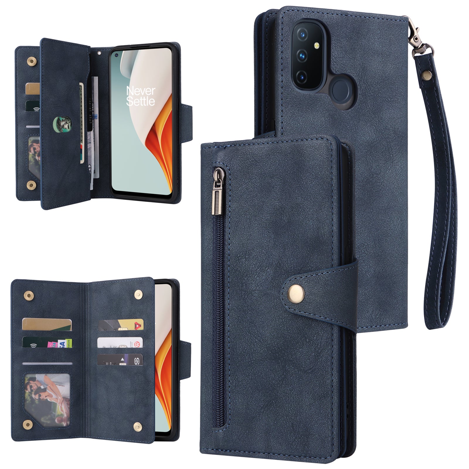 For OnePlus Nord N100 Case Zipper Pocket PU Leather Stand Rivet Decor Phone Cover