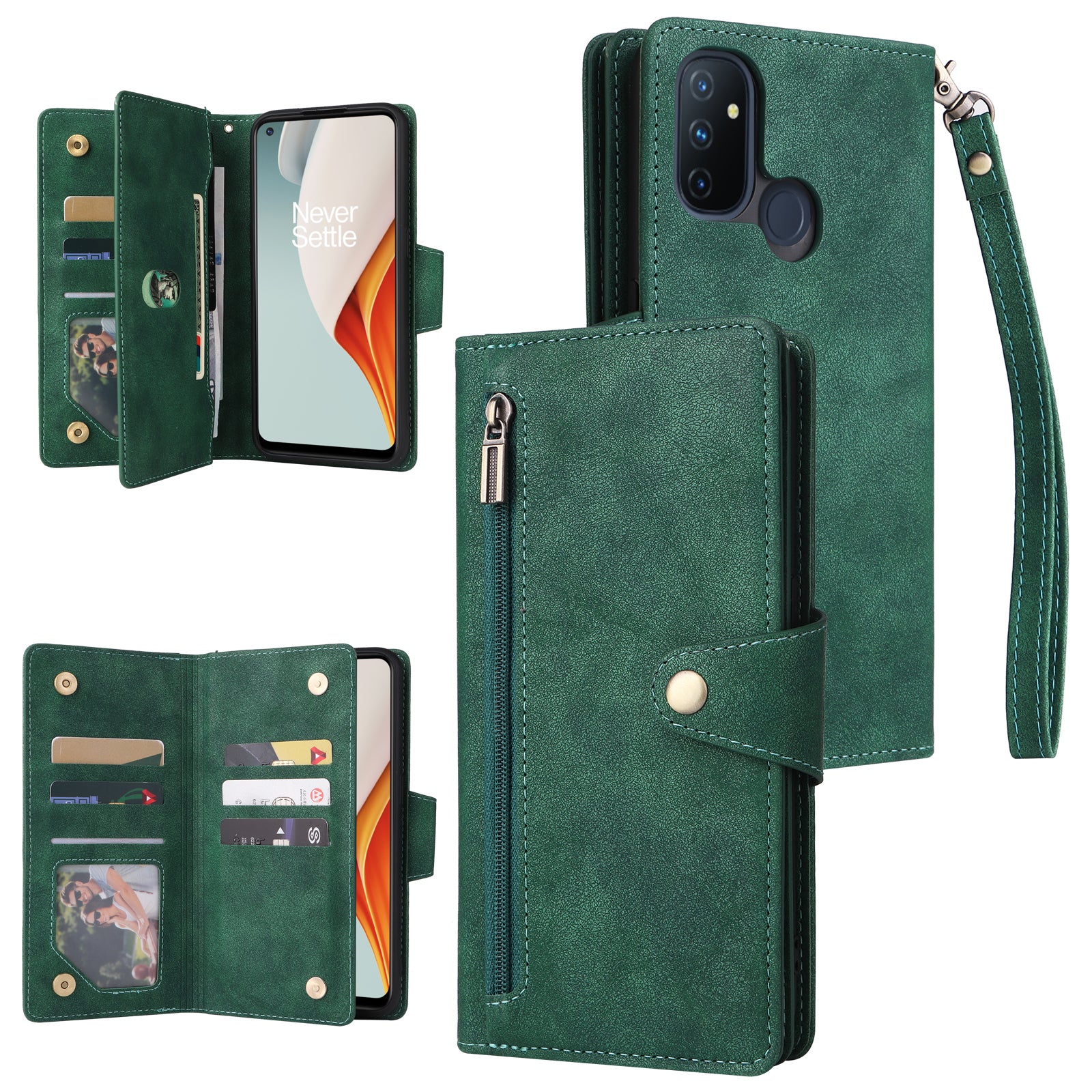 For OnePlus Nord N100 Case Zipper Pocket PU Leather Stand Rivet Decor Phone Cover