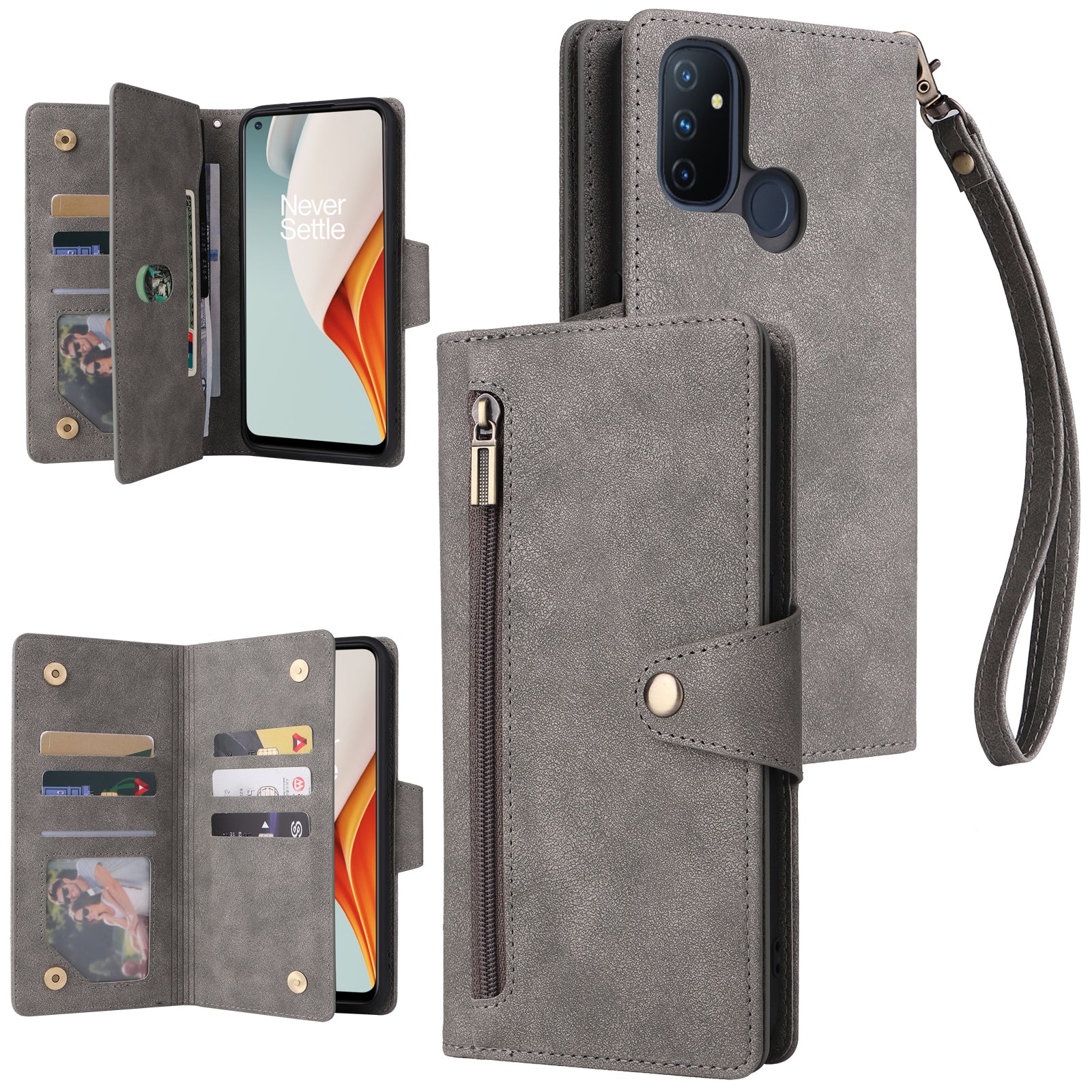 For OnePlus Nord N100 Case Zipper Pocket PU Leather Stand Rivet Decor Phone Cover