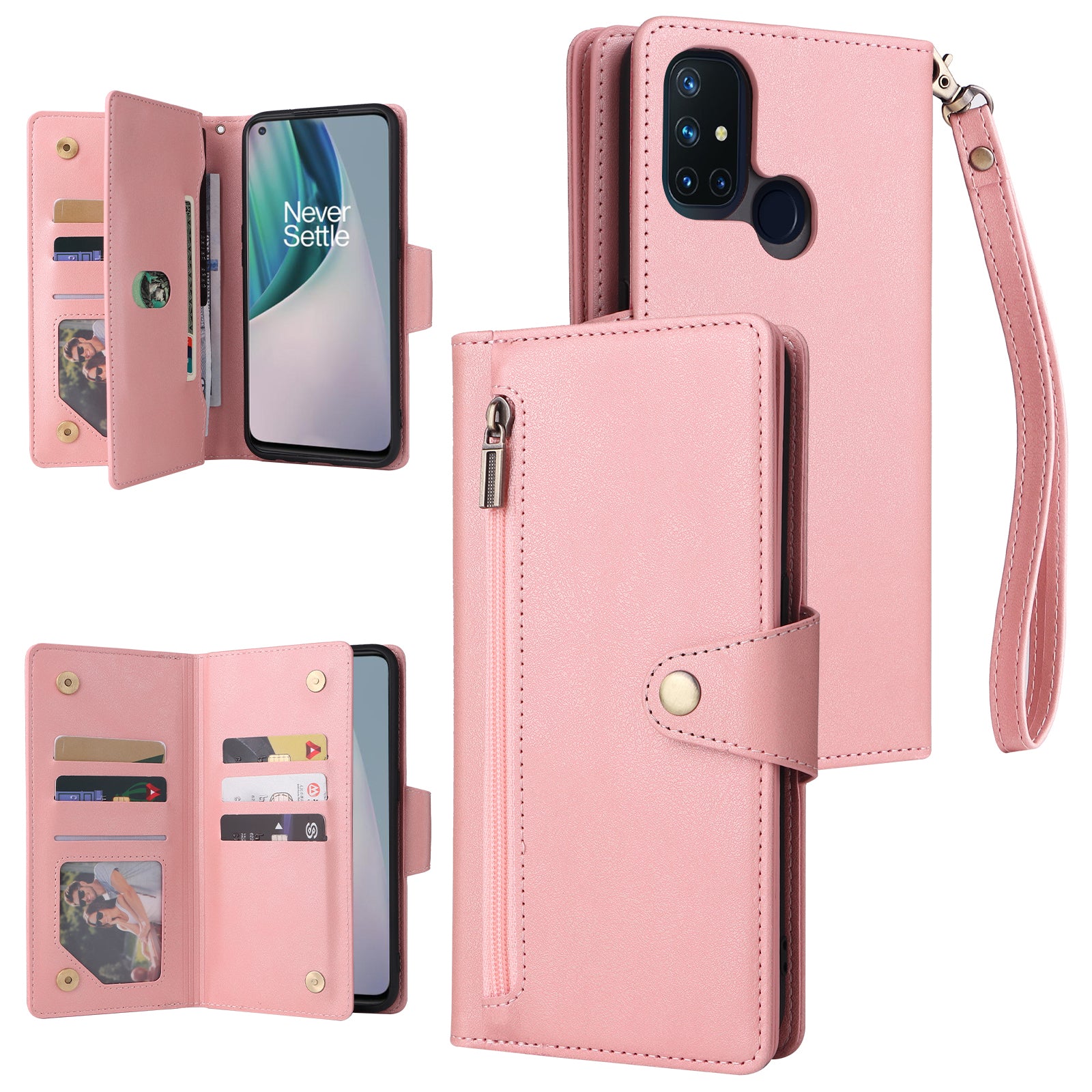 For OnePlus Nord N10 5G Cell Phone Case PU Leather Wallet Cover with Rivet Decor