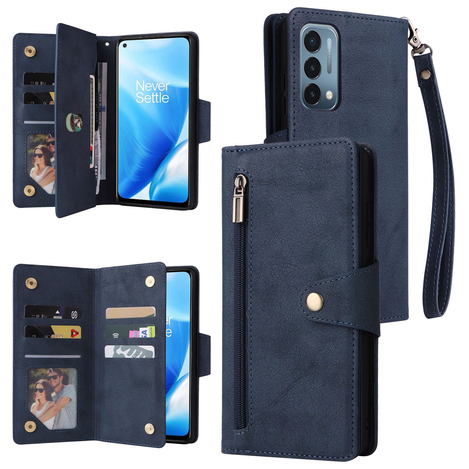 For OnePlus Nord N200 5G Wallet Case Rivet Decor PU Leather Phone Cover with Hand Strap
