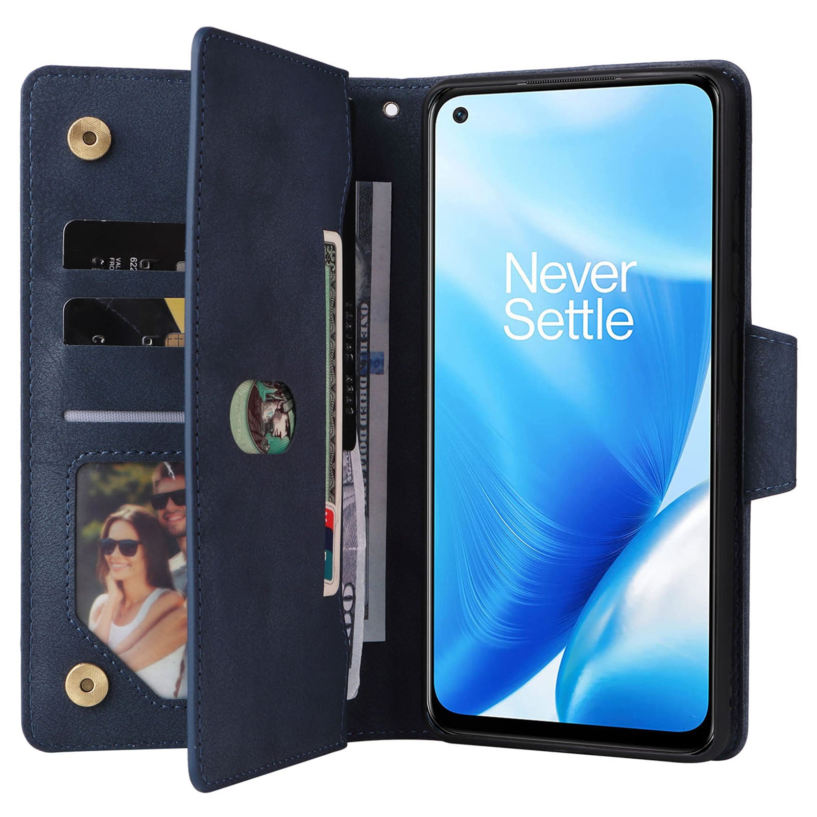 For OnePlus Nord N200 5G Wallet Case Rivet Decor PU Leather Phone Cover with Hand Strap