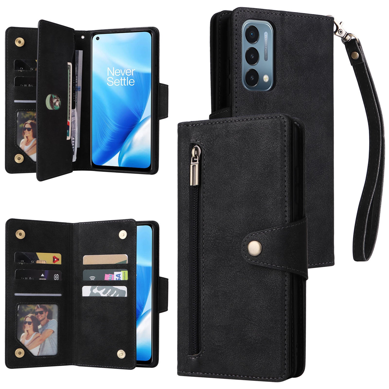 For OnePlus Nord N200 5G Wallet Case Rivet Decor PU Leather Phone Cover with Hand Strap