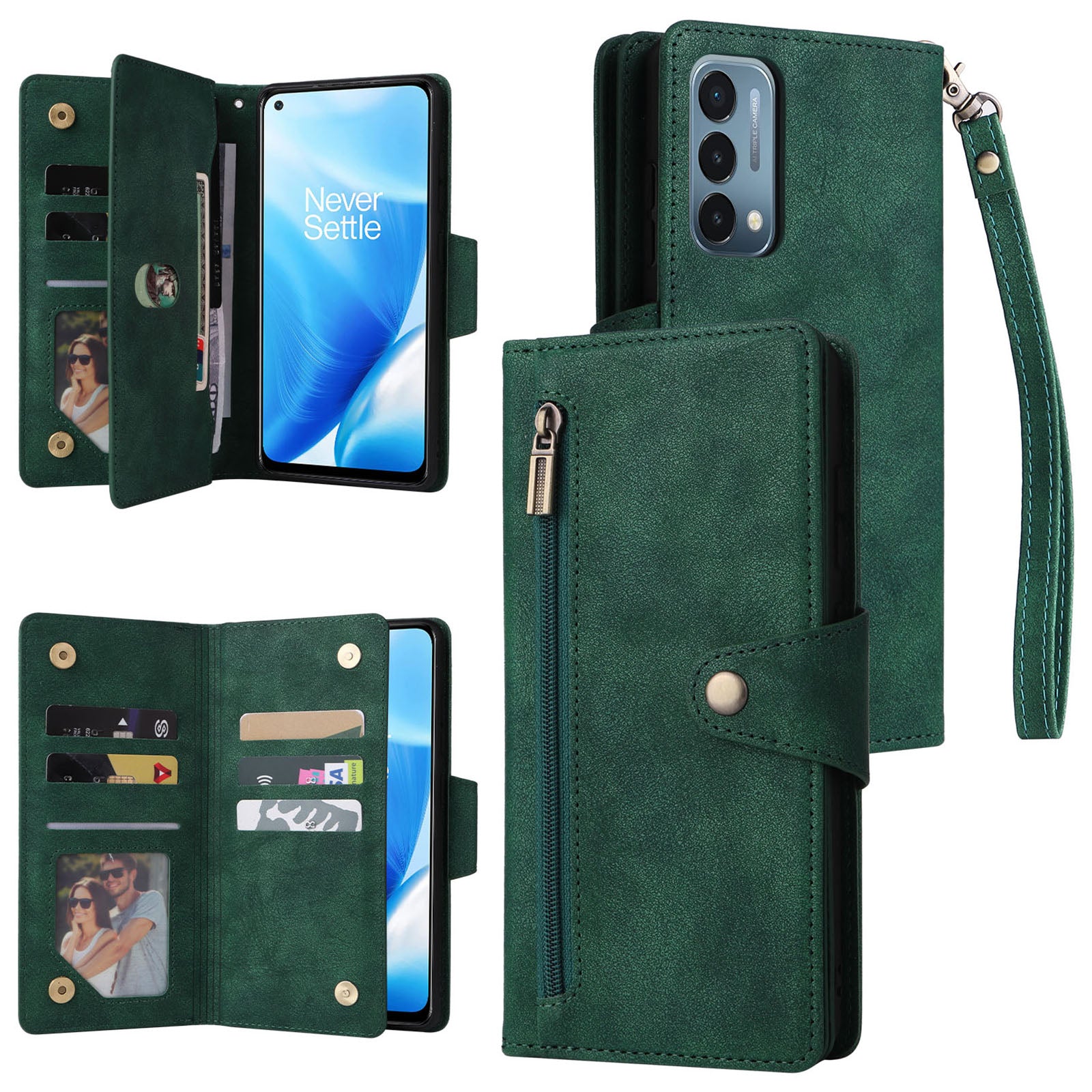 For OnePlus Nord N200 5G Wallet Case Rivet Decor PU Leather Phone Cover with Hand Strap