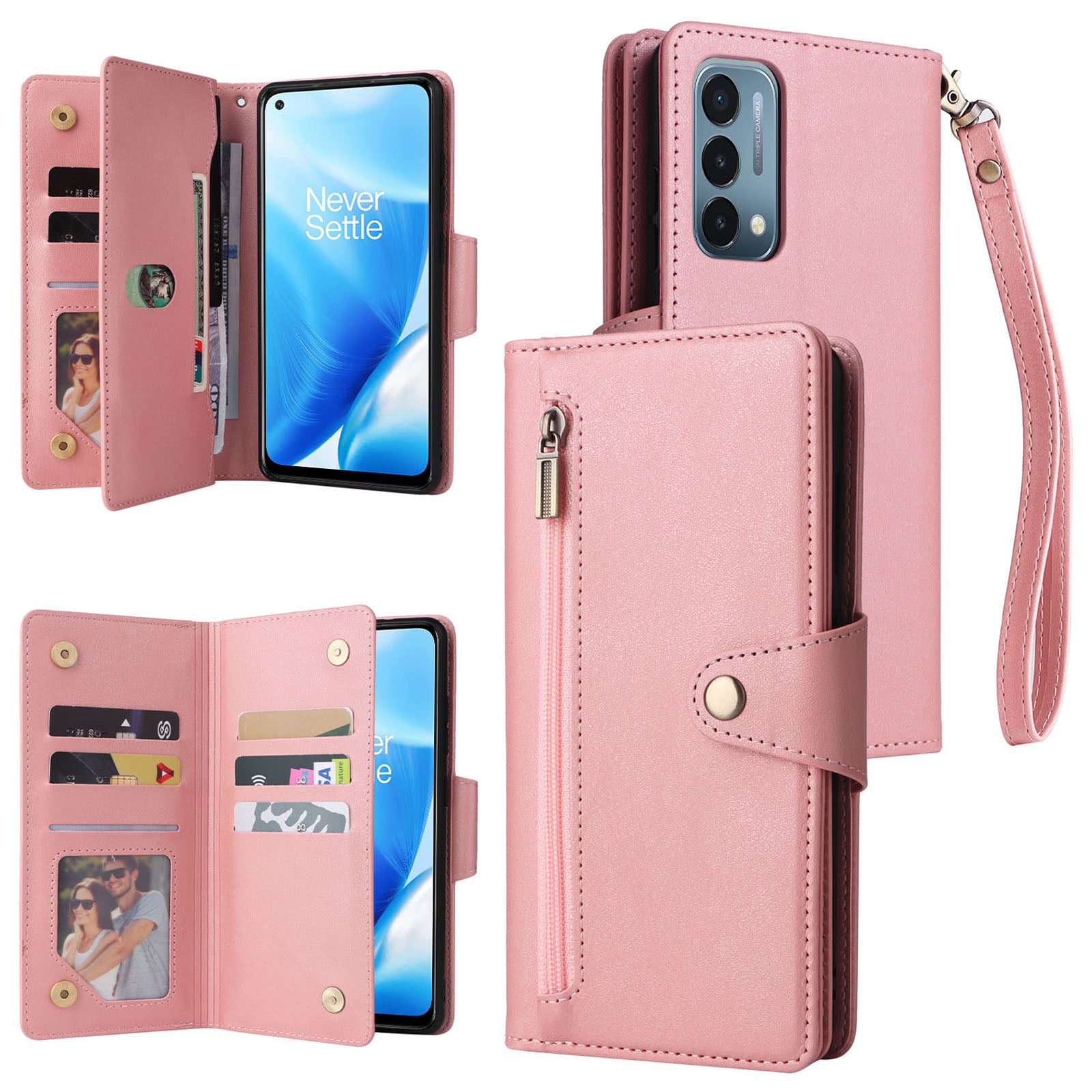 For OnePlus Nord N200 5G Wallet Case Rivet Decor PU Leather Phone Cover with Hand Strap