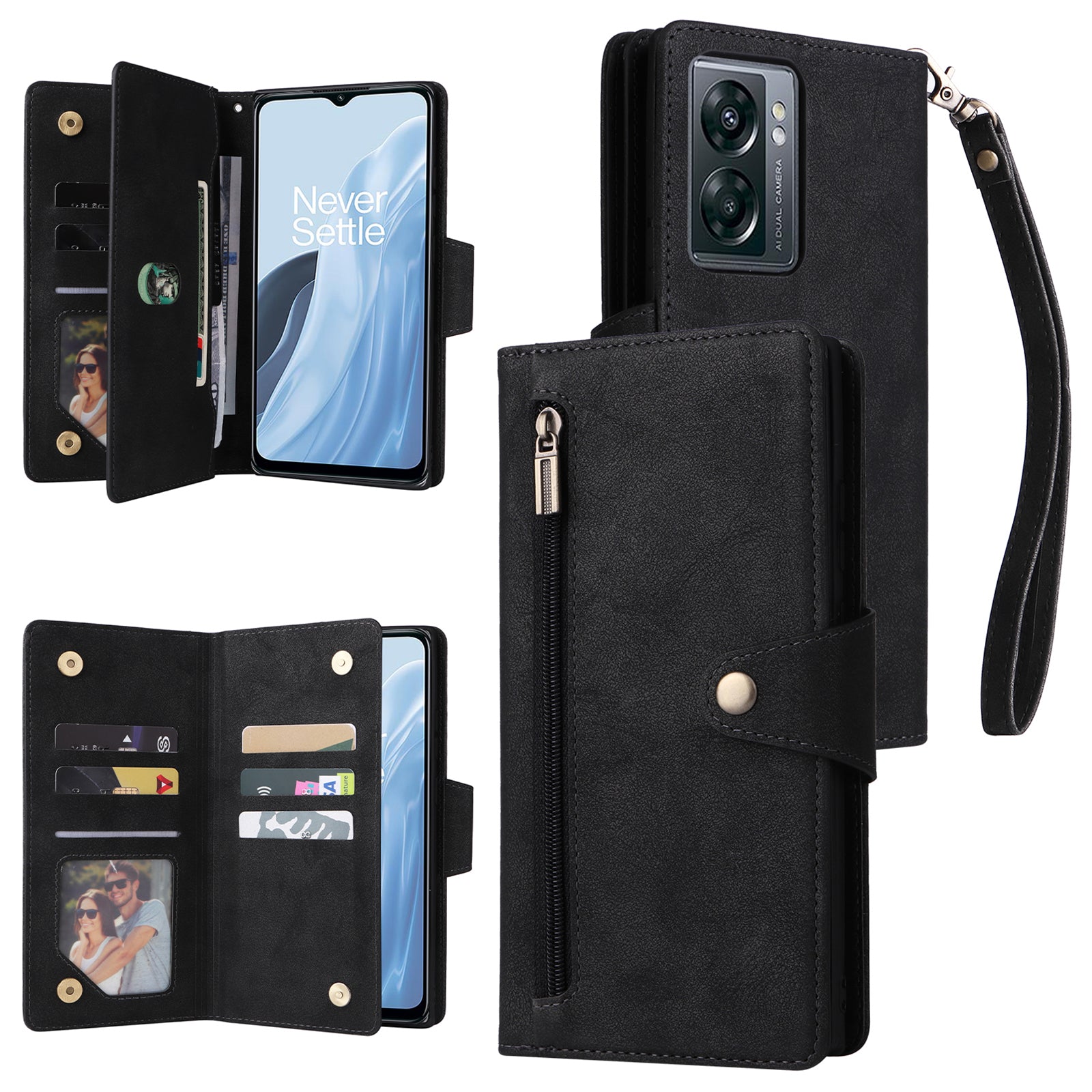 For OnePlus Nord N300 5G Case with Wrist Strap Rivet Decor PU Leather Phone Stand Cover