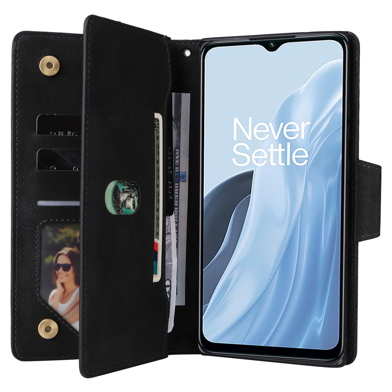 For OnePlus Nord N300 5G Case with Wrist Strap Rivet Decor PU Leather Phone Stand Cover