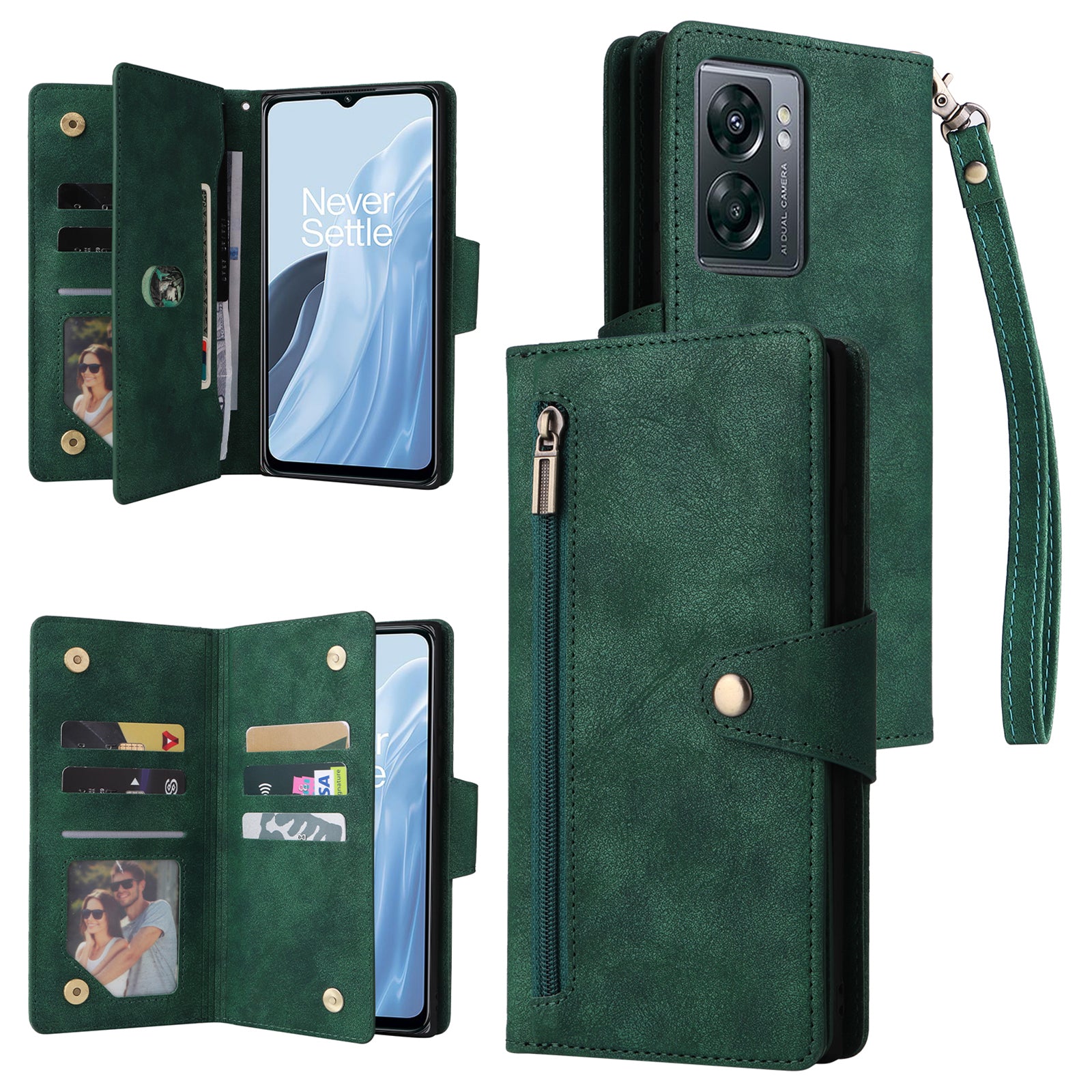 For OnePlus Nord N300 5G Case with Wrist Strap Rivet Decor PU Leather Phone Stand Cover