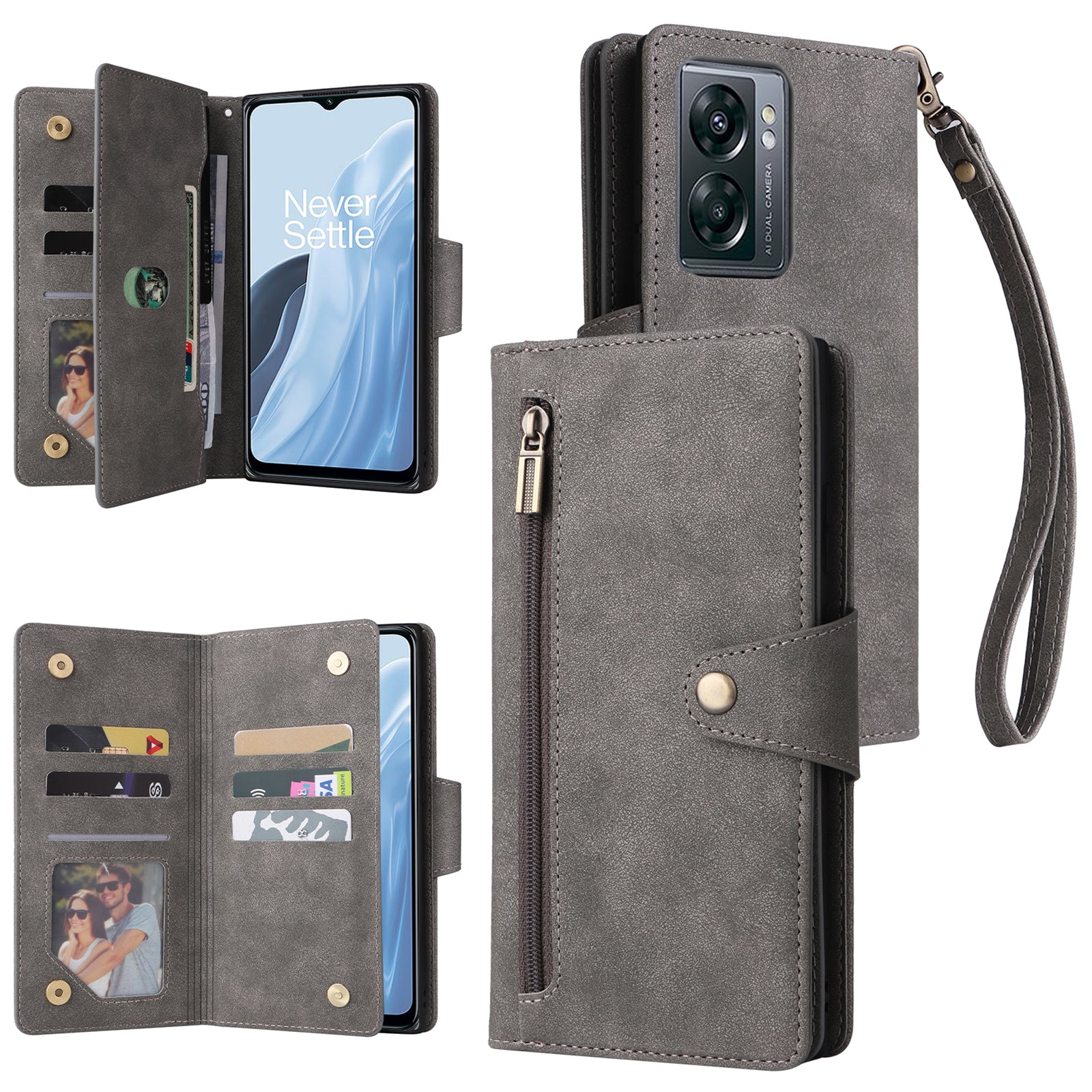 For OnePlus Nord N300 5G Case with Wrist Strap Rivet Decor PU Leather Phone Stand Cover