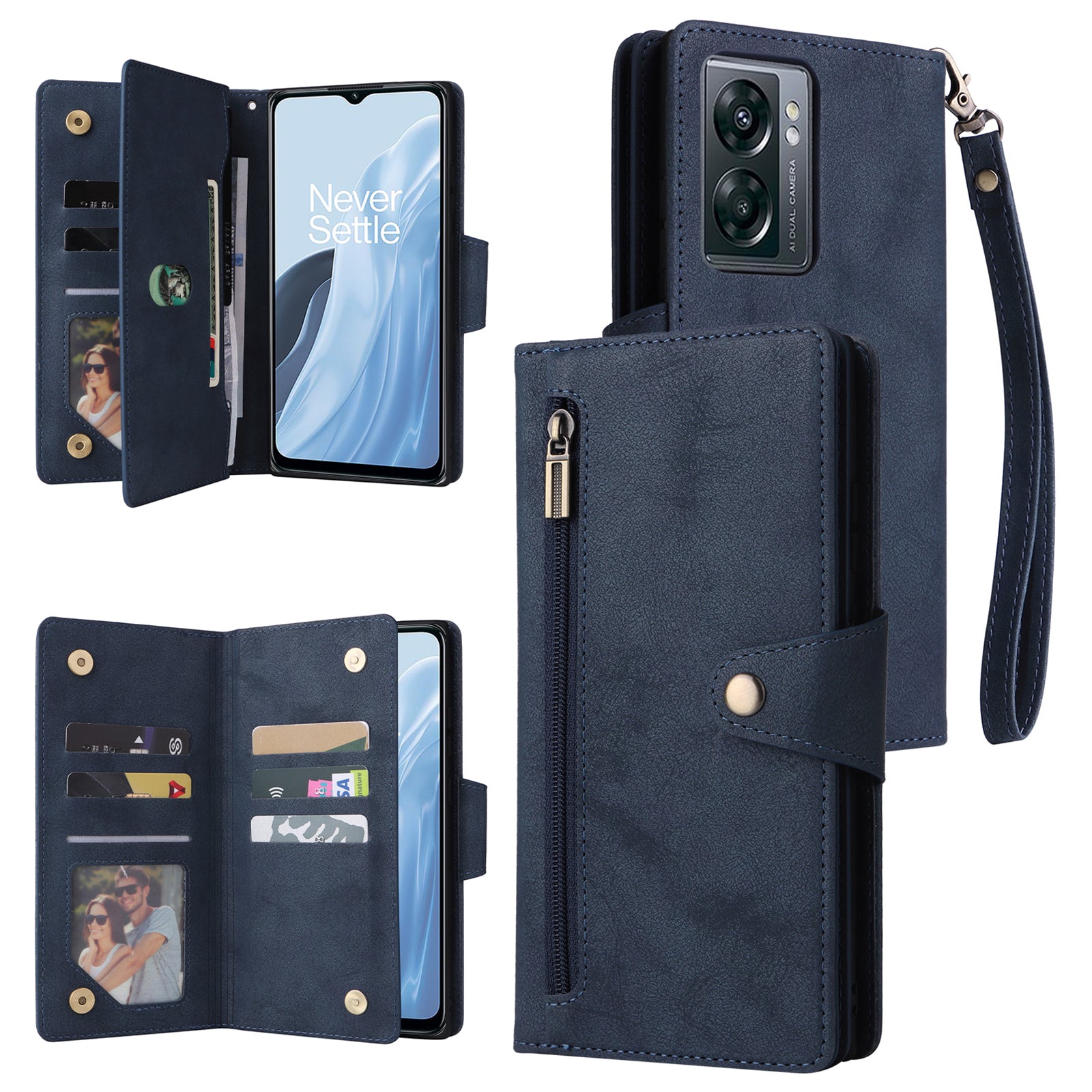 For OnePlus Nord N300 5G Case with Wrist Strap Rivet Decor PU Leather Phone Stand Cover