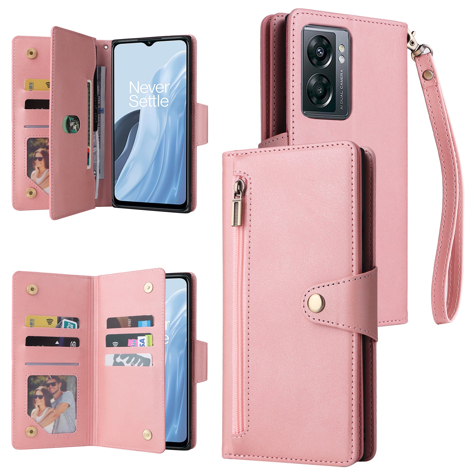 For OnePlus Nord N300 5G Case with Wrist Strap Rivet Decor PU Leather Phone Stand Cover