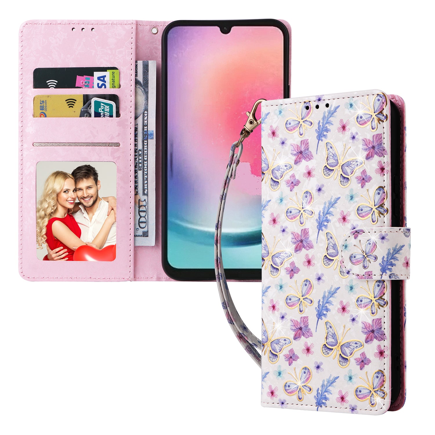 For Samsung Galaxy A24 4G (162.1 x 77.6 x 8.3mm) Case RFID Blocking Stand Phone Cover with Hand Strap