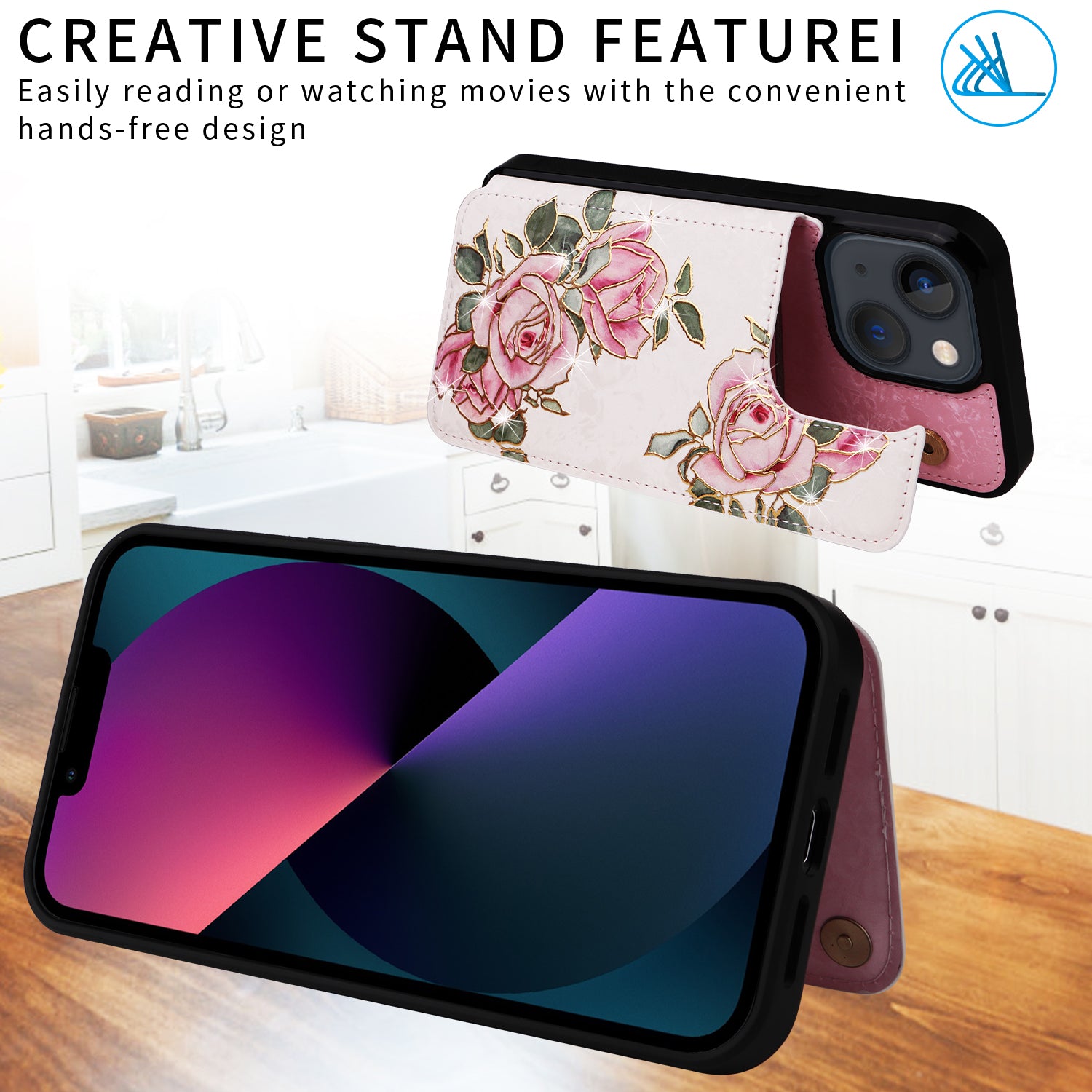 For iPhone 13 6.1 inch Case Kickstand Card Slots Phone Shell