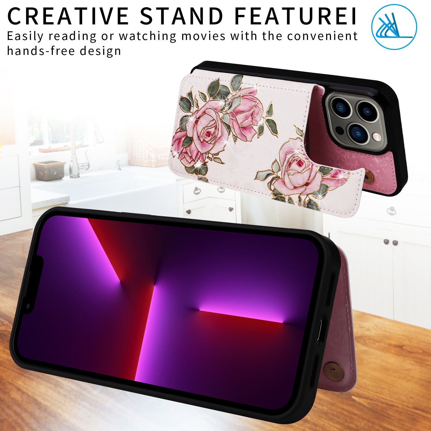 For iPhone 13 Pro Kickstand Case Card Slots Anti-Scratch Phone Shell