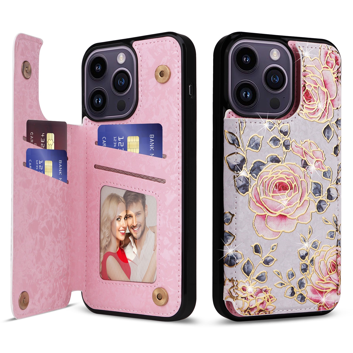 For iPhone 14 Pro Max Case Card Slots Kickstand Flower Leather Coated TPU Phone Cover