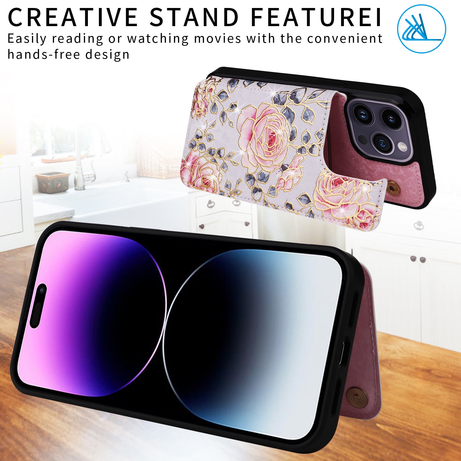 For iPhone 14 Pro Max Case Card Slots Kickstand Flower Leather Coated TPU Phone Cover