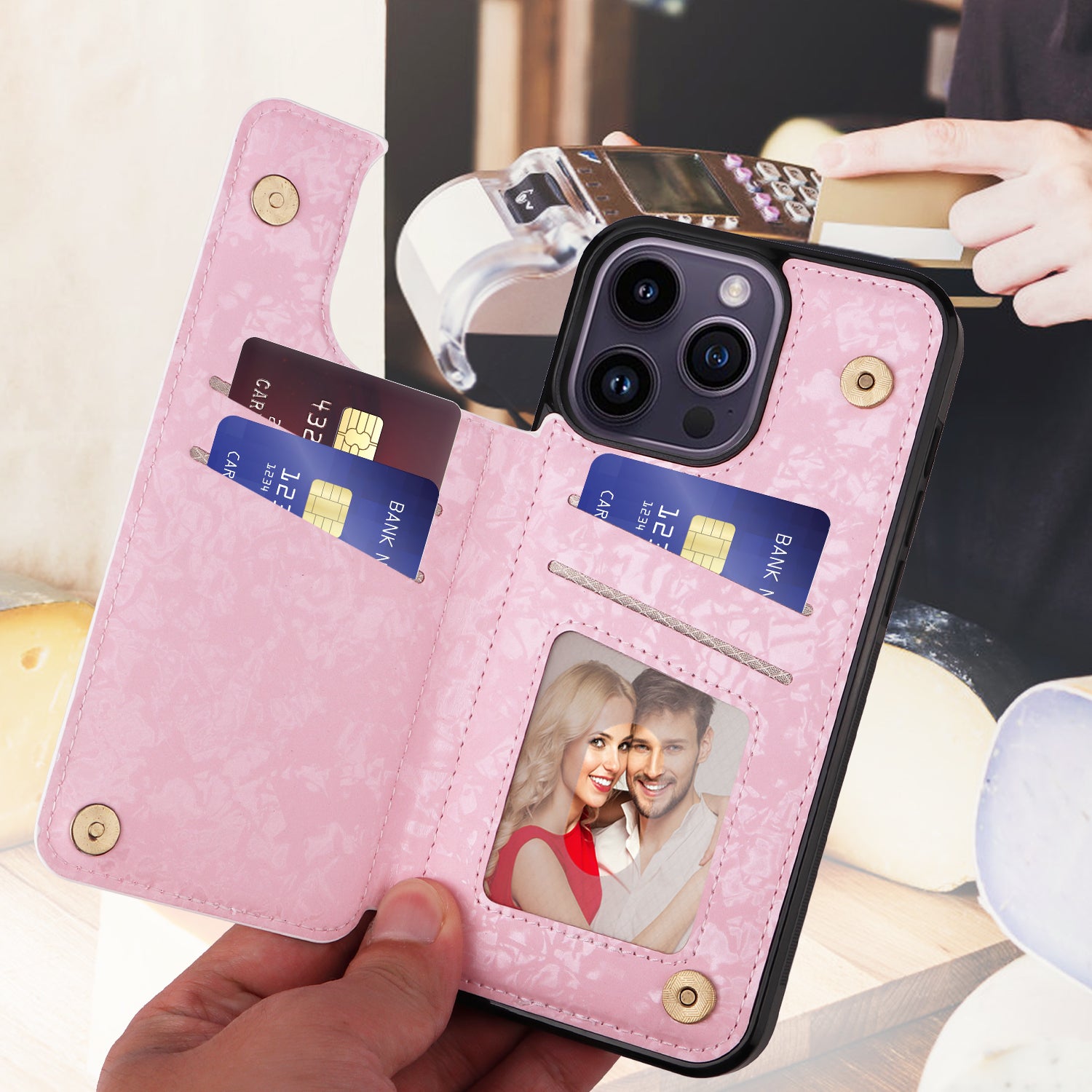 For iPhone 14 Pro Max Case Card Slots Kickstand Flower Leather Coated TPU Phone Cover