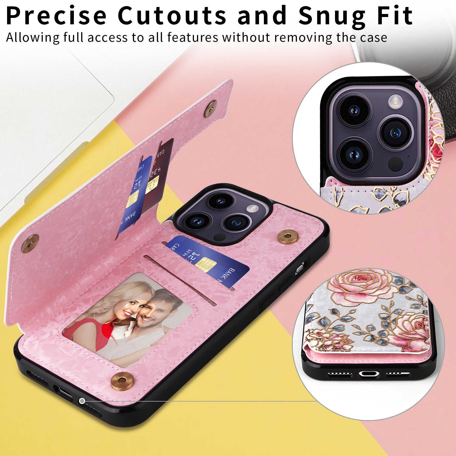 For iPhone 14 Pro Max Case Card Slots Kickstand Flower Leather Coated TPU Phone Cover