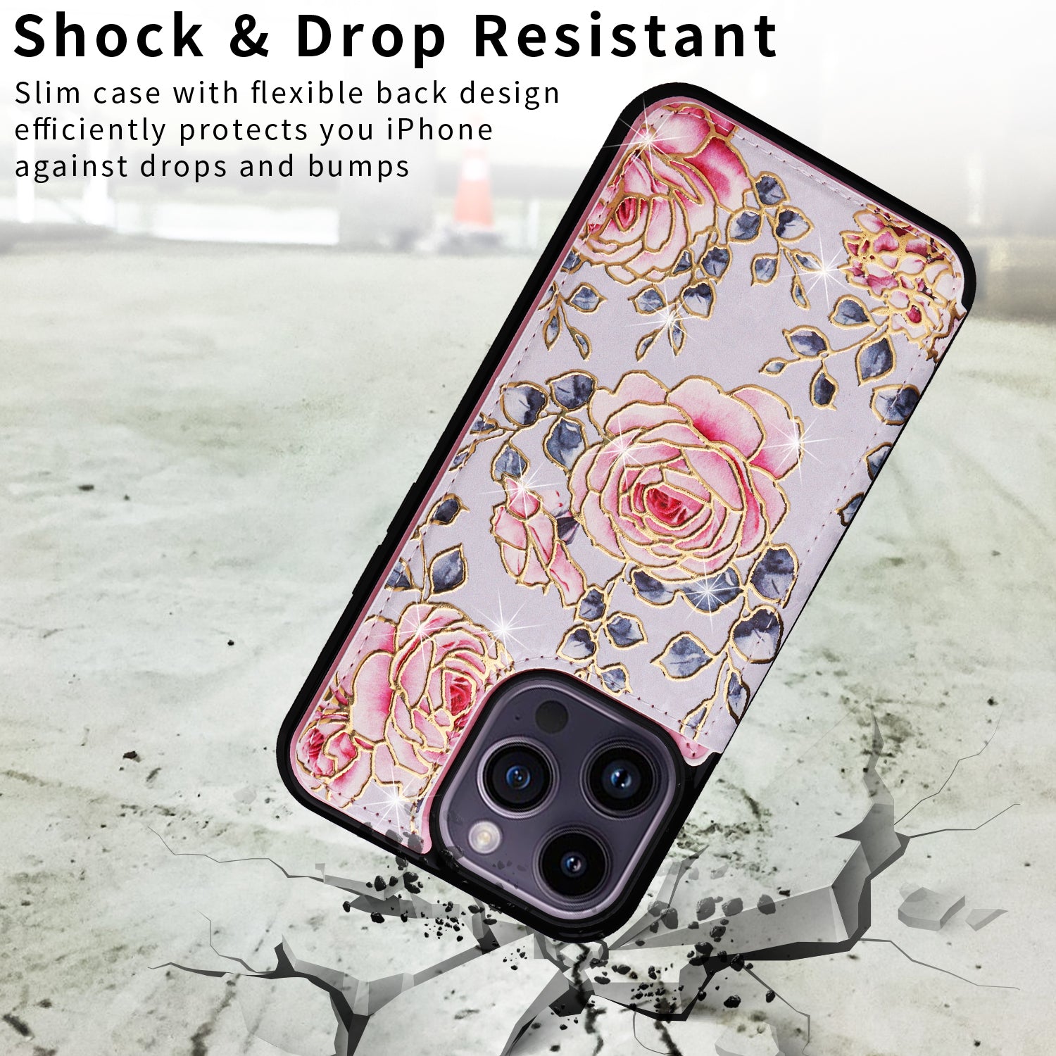 For iPhone 14 Pro Max Case Card Slots Kickstand Flower Leather Coated TPU Phone Cover