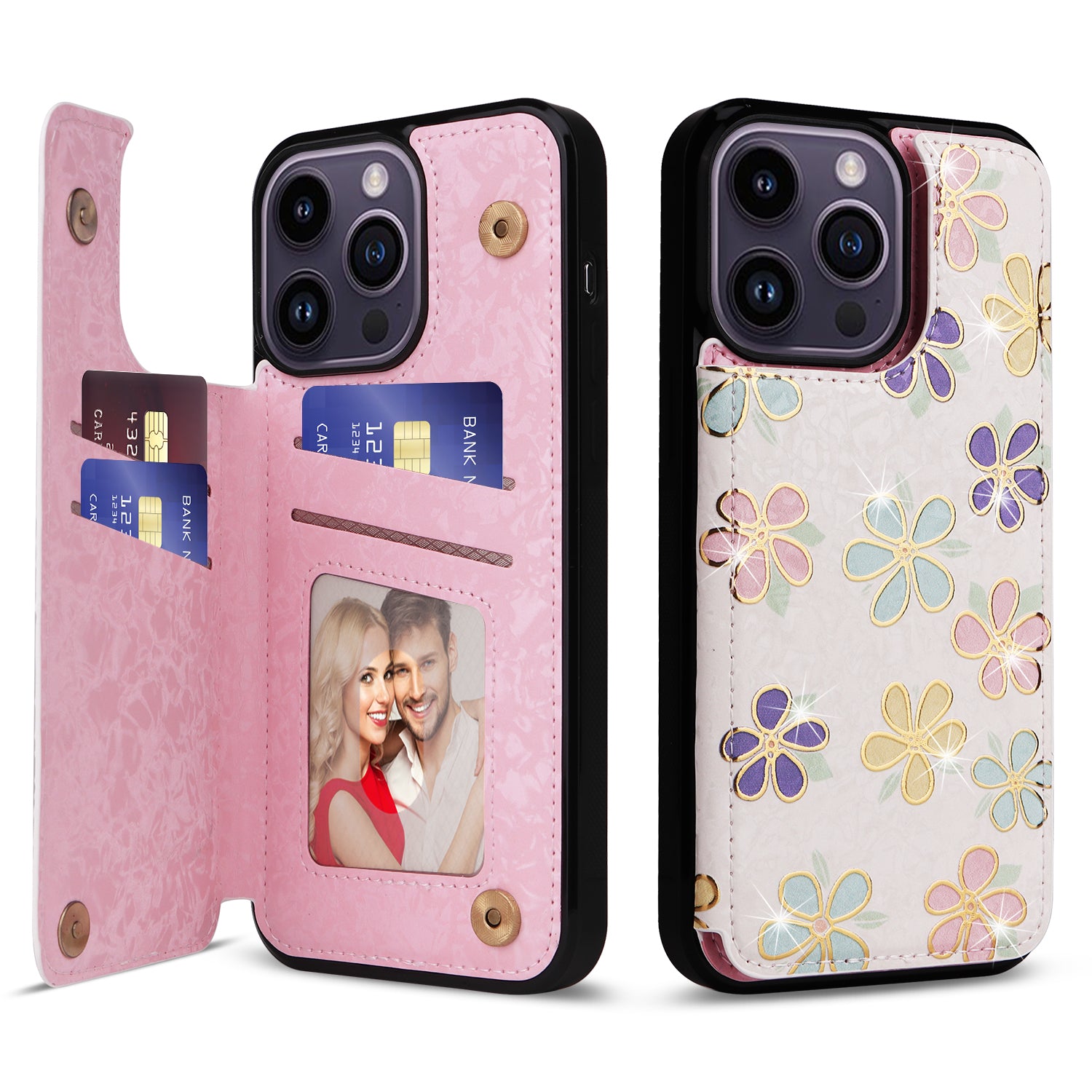 For iPhone 14 Pro Max Case Card Slots Kickstand Flower Leather Coated TPU Phone Cover