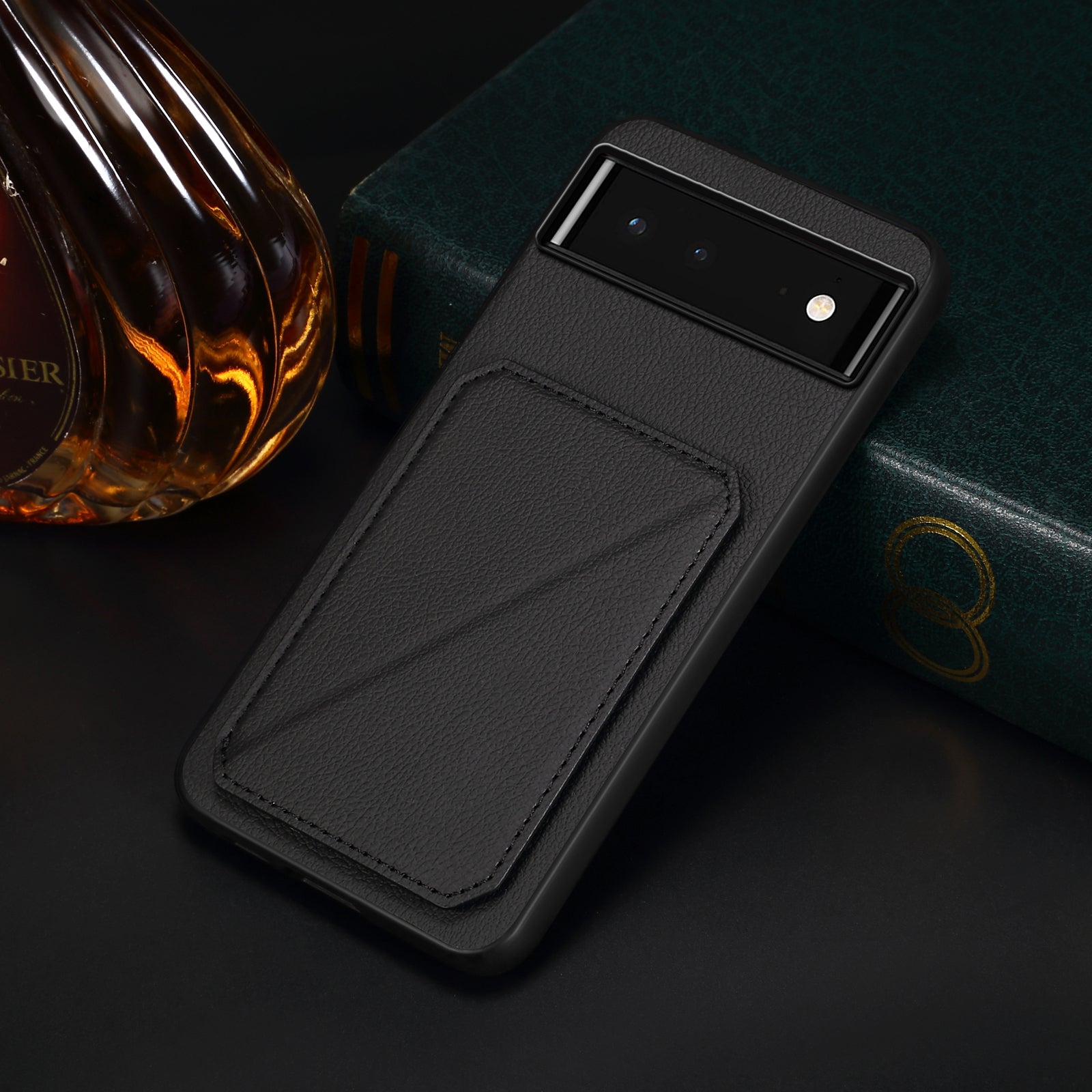 For Google Pixel 6 Case Kickstand Calf Textured Leather+PC+TPU Phone Shell