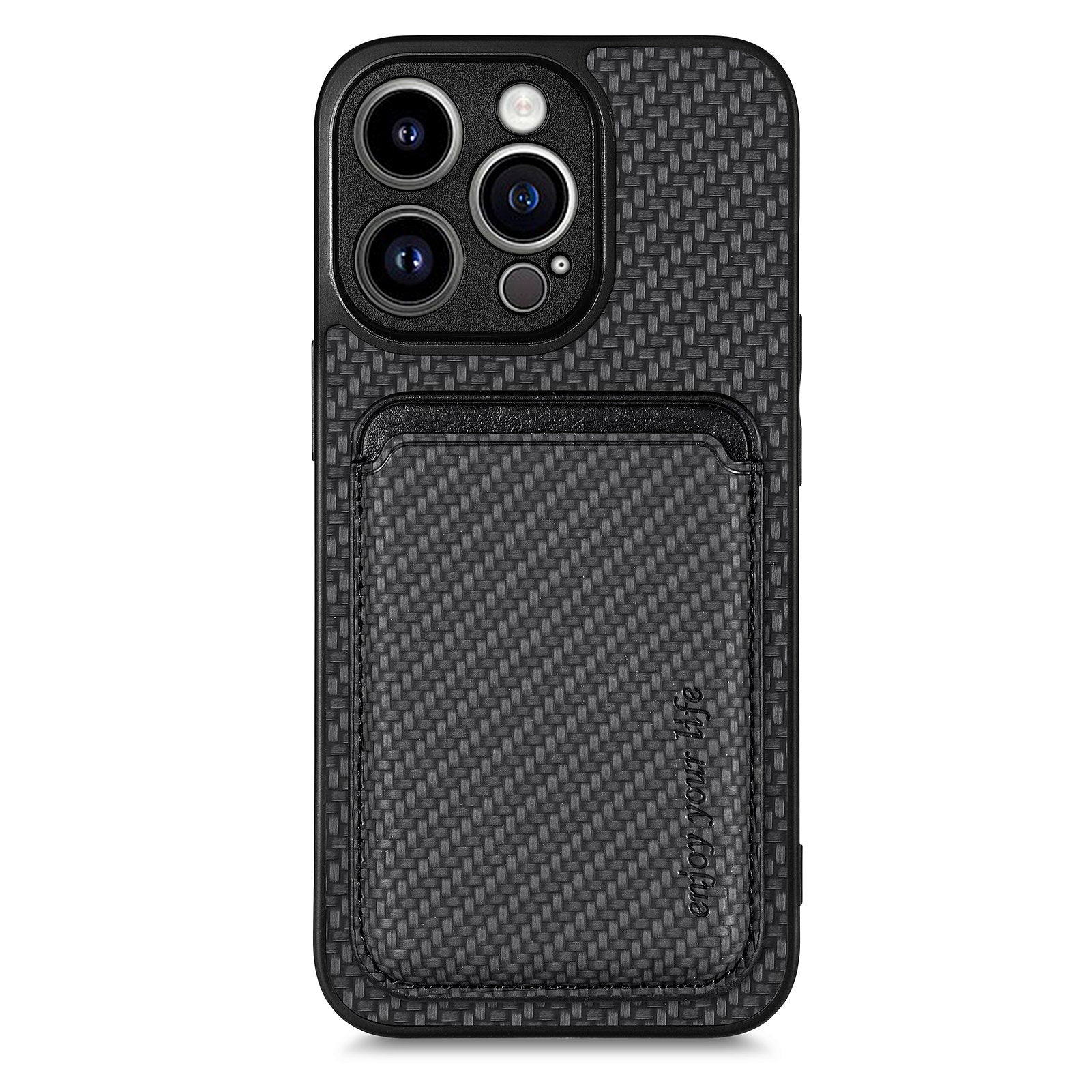 M2 For iPhone 13 Pro Case Carbon Fiber Texture PU+TPU Phone Cover with Magnetic Card Slot