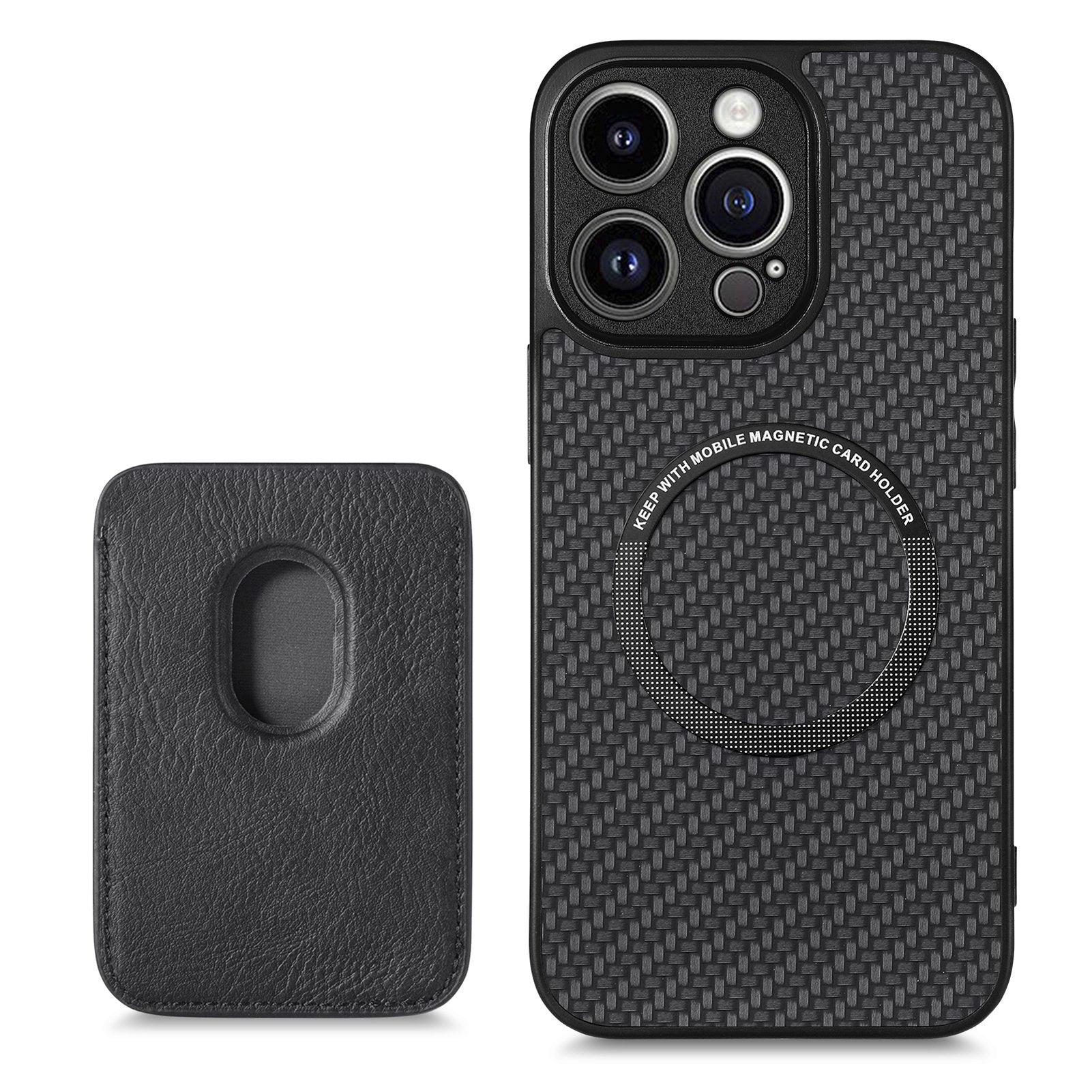 M2 For iPhone 13 Pro Case Carbon Fiber Texture PU+TPU Phone Cover with Magnetic Card Slot