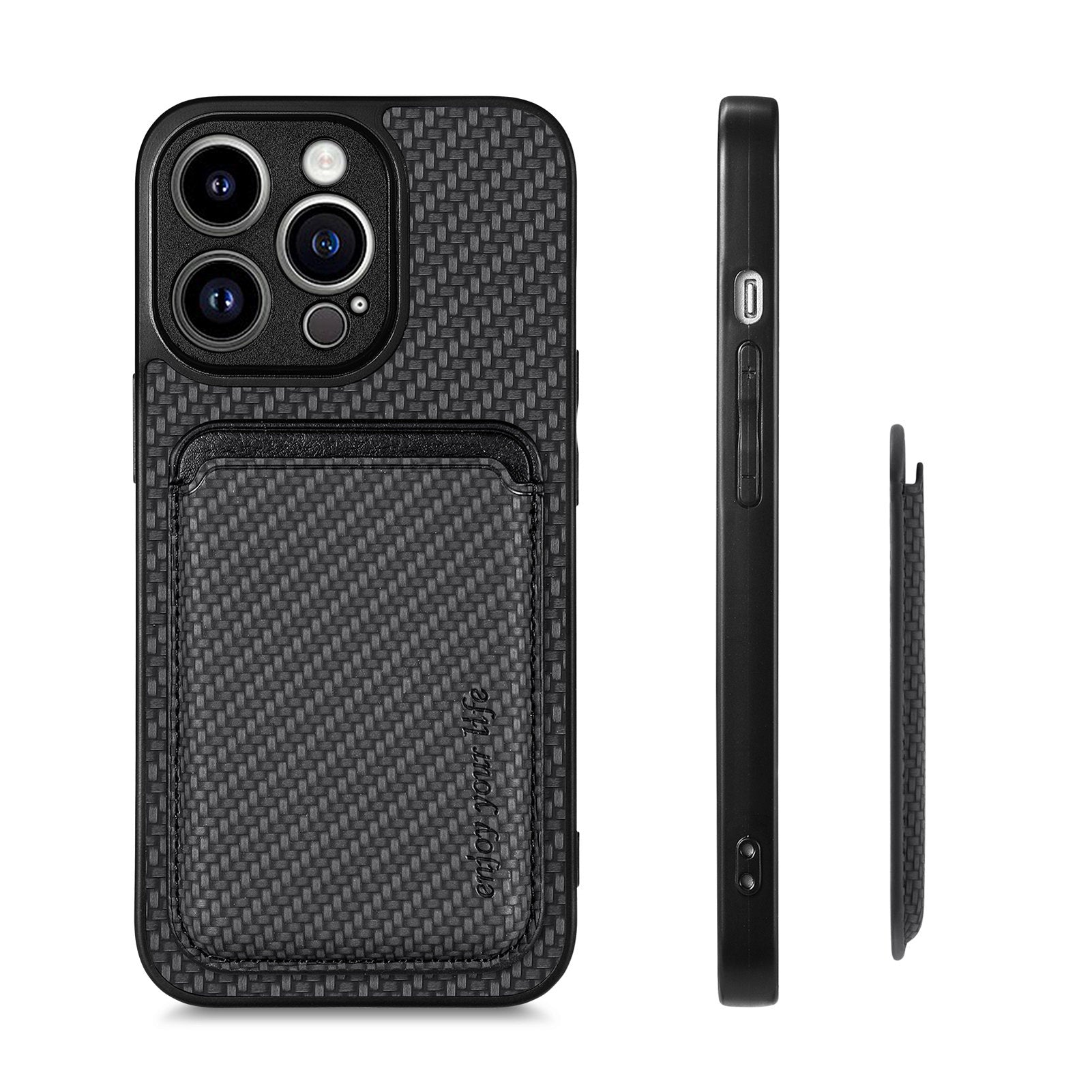 M2 For iPhone 13 Pro Case Carbon Fiber Texture PU+TPU Phone Cover with Magnetic Card Slot