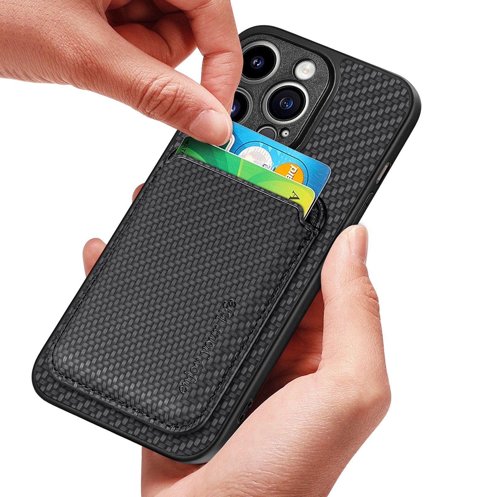 M2 For iPhone 13 Pro Case Carbon Fiber Texture PU+TPU Phone Cover with Magnetic Card Slot