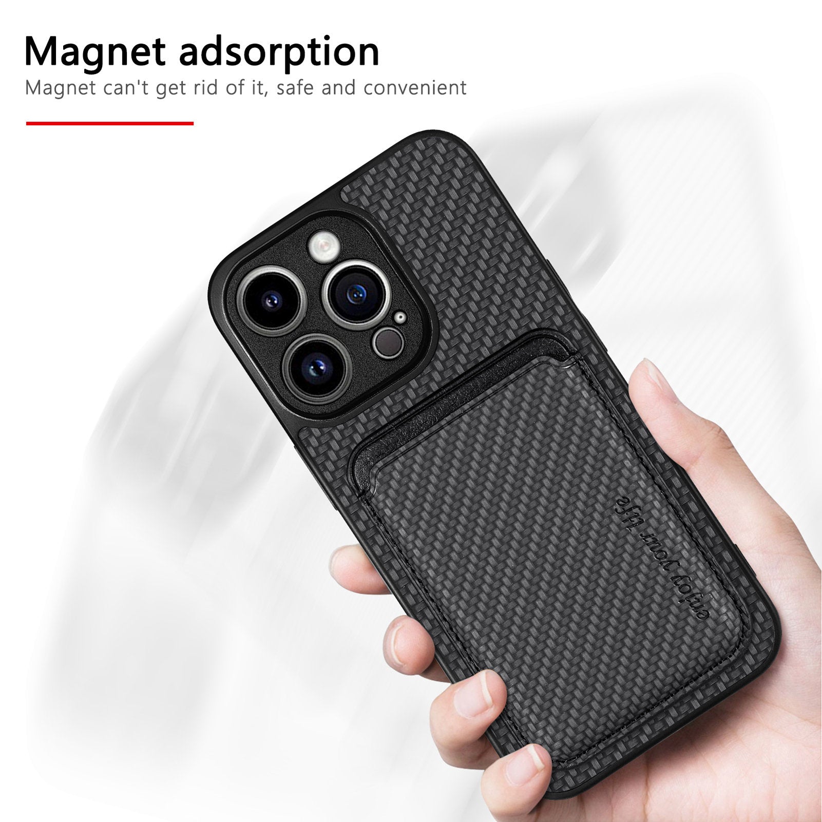 M2 For iPhone 13 Pro Case Carbon Fiber Texture PU+TPU Phone Cover with Magnetic Card Slot