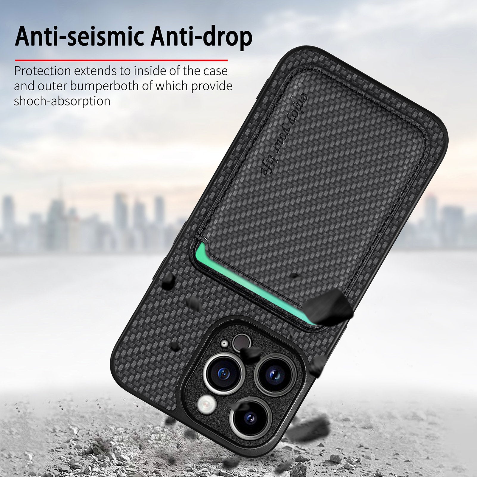 M2 For iPhone 13 Pro Case Carbon Fiber Texture PU+TPU Phone Cover with Magnetic Card Slot