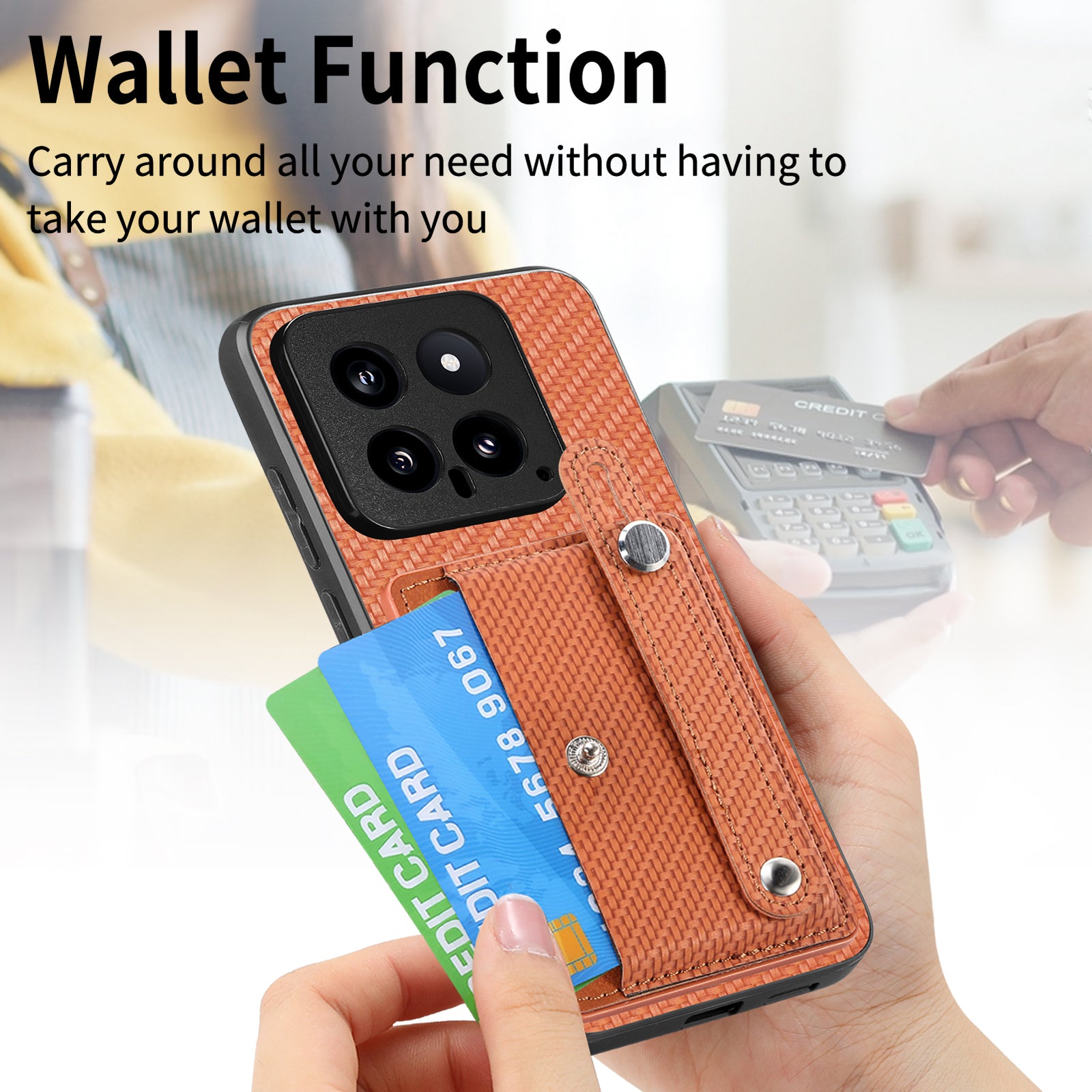 C1-01 For Xiaomi 14 Case Wristband Design Card Slots Leather Coating Back Cover
