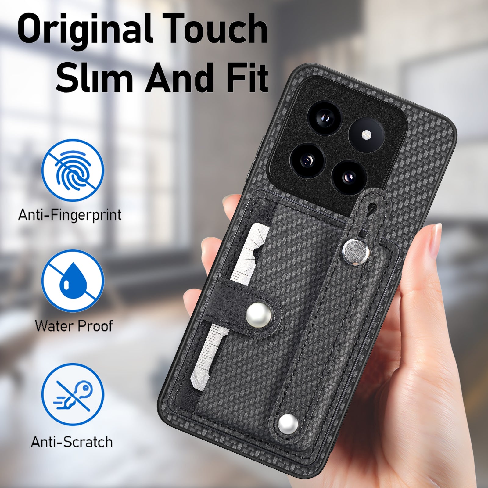 C1-01 For Xiaomi 14 Pro Case Carbon Fiber Texture Wristband Kickstand Phone Cover