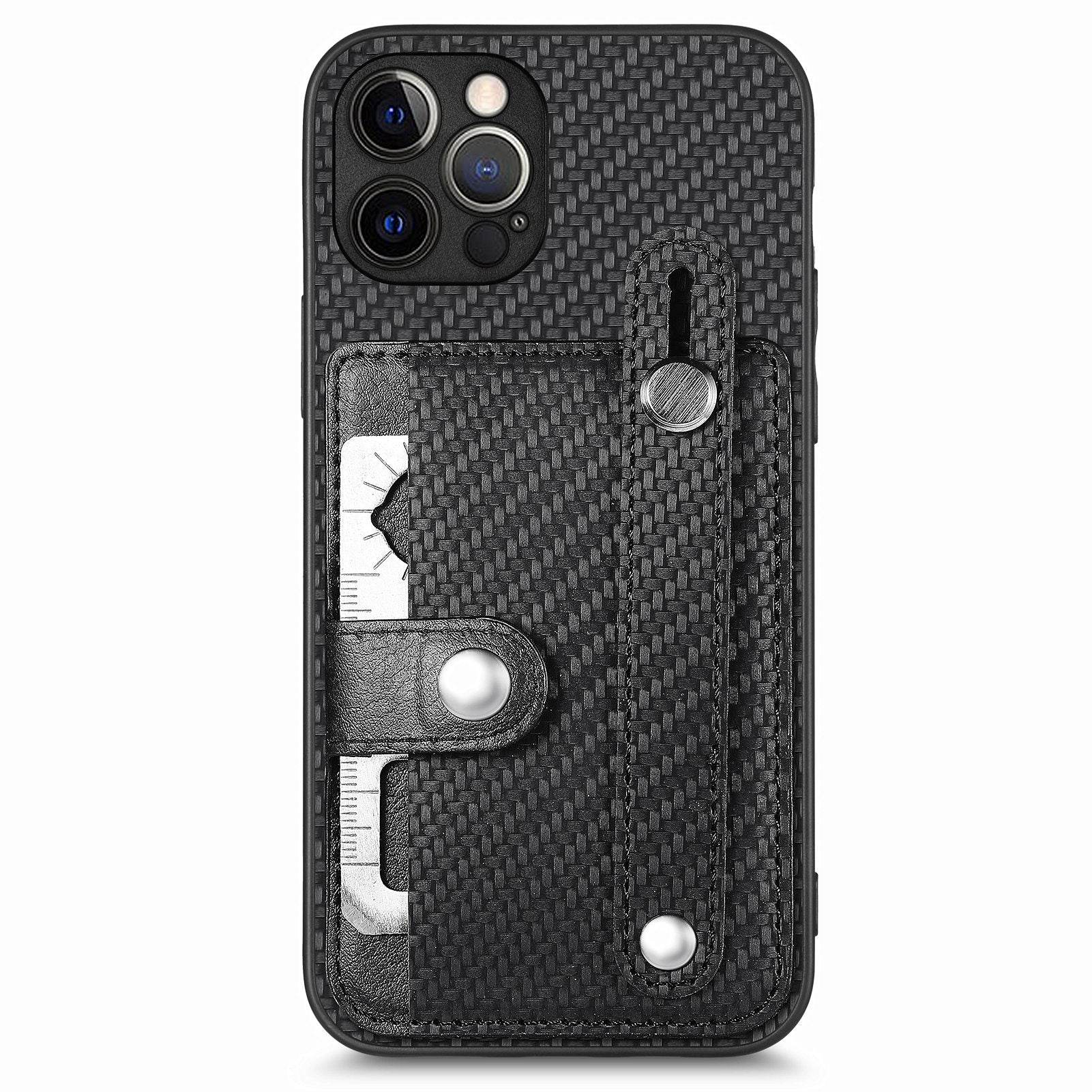 C1-01 For iPhone 12 Pro Max Card Slot Case Carbon Fiber Texture PU+TPU+PC Kickstand Phone Cover