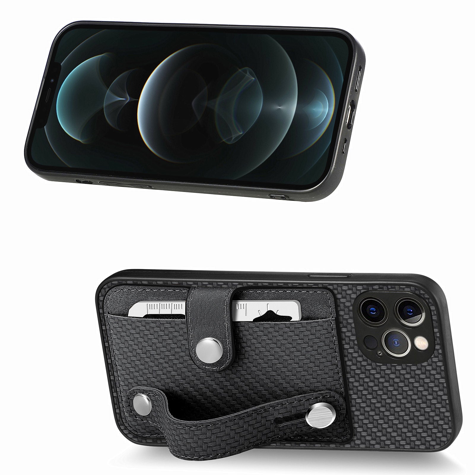 C1-01 For iPhone 12 Pro Max Card Slot Case Carbon Fiber Texture PU+TPU+PC Kickstand Phone Cover