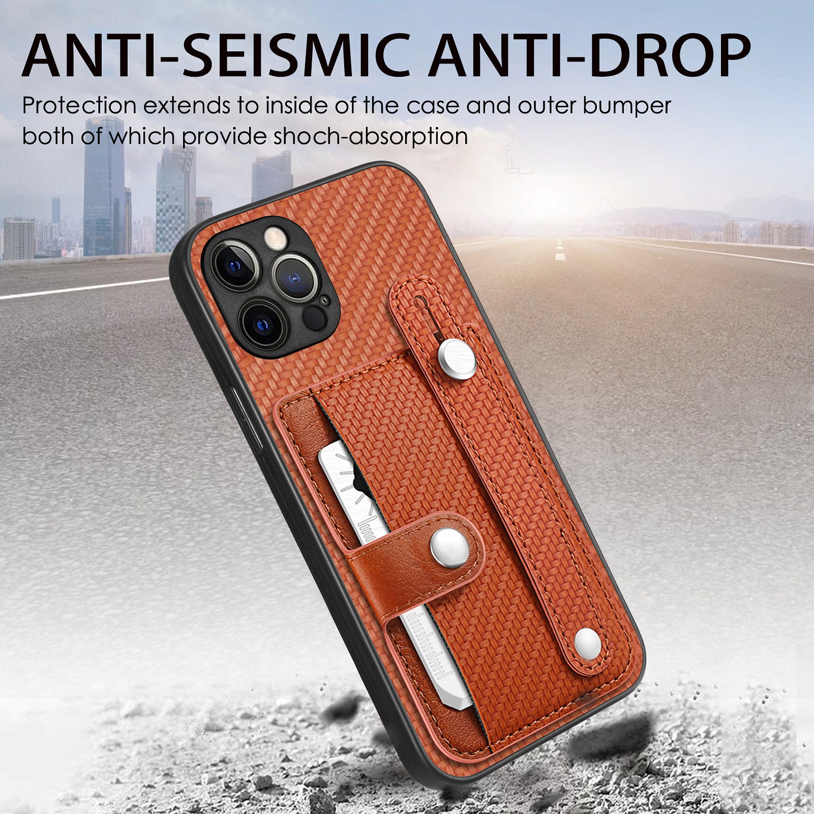 C1-01 For iPhone 12 Pro Max Card Slot Case Carbon Fiber Texture PU+TPU+PC Kickstand Phone Cover
