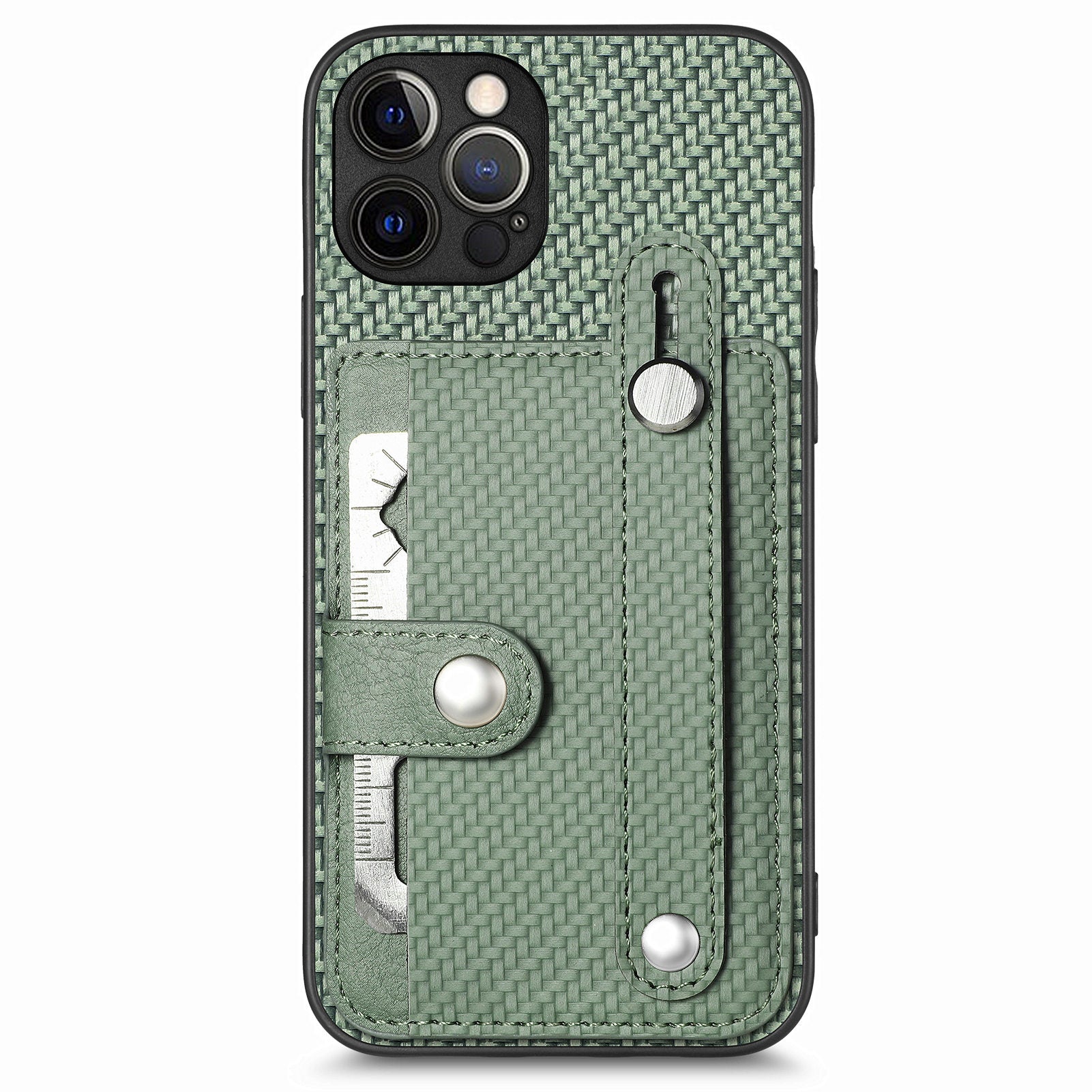 C1-01 For iPhone 12 Pro Max Card Slot Case Carbon Fiber Texture PU+TPU+PC Kickstand Phone Cover