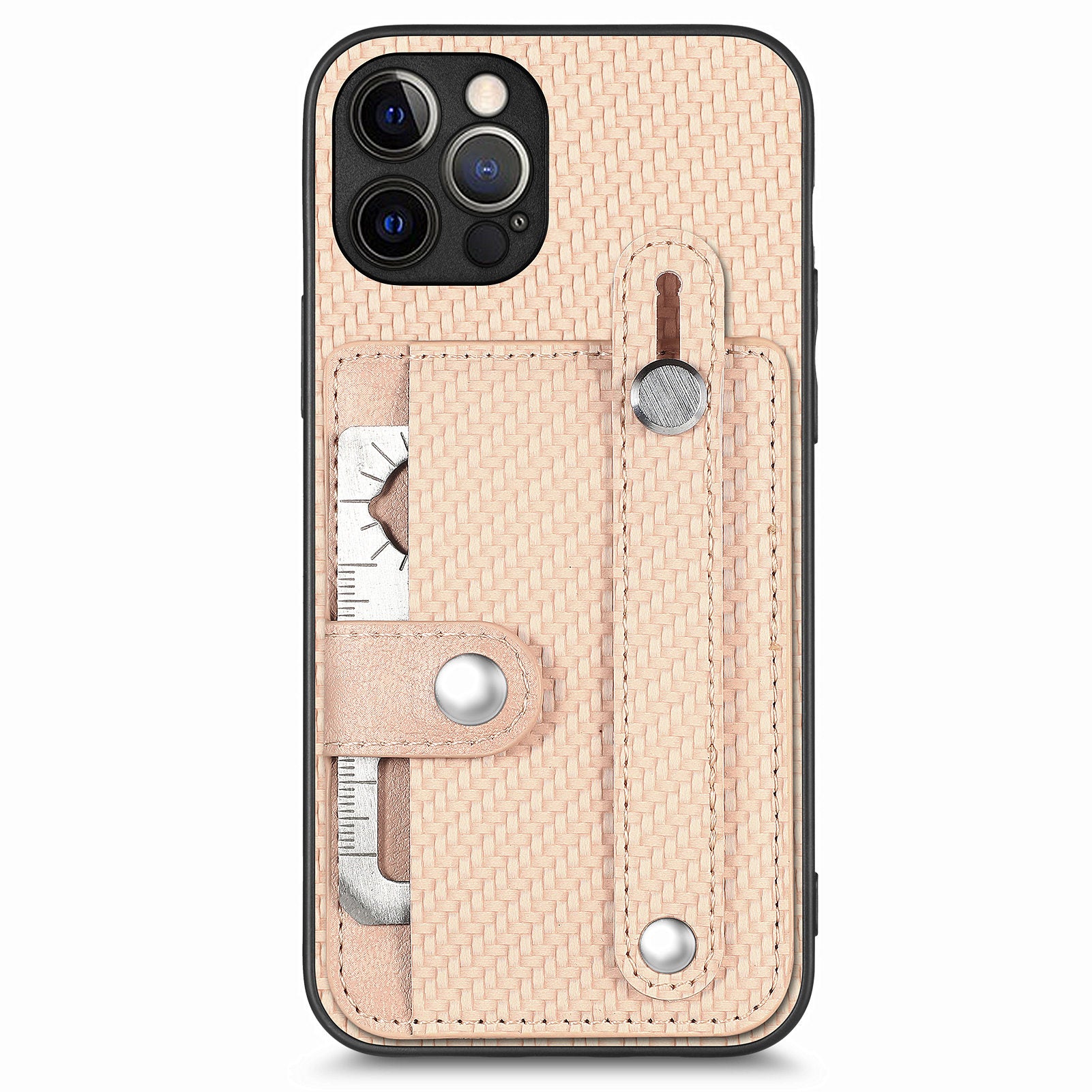 C1-01 For iPhone 12 Pro Max Card Slot Case Carbon Fiber Texture PU+TPU+PC Kickstand Phone Cover