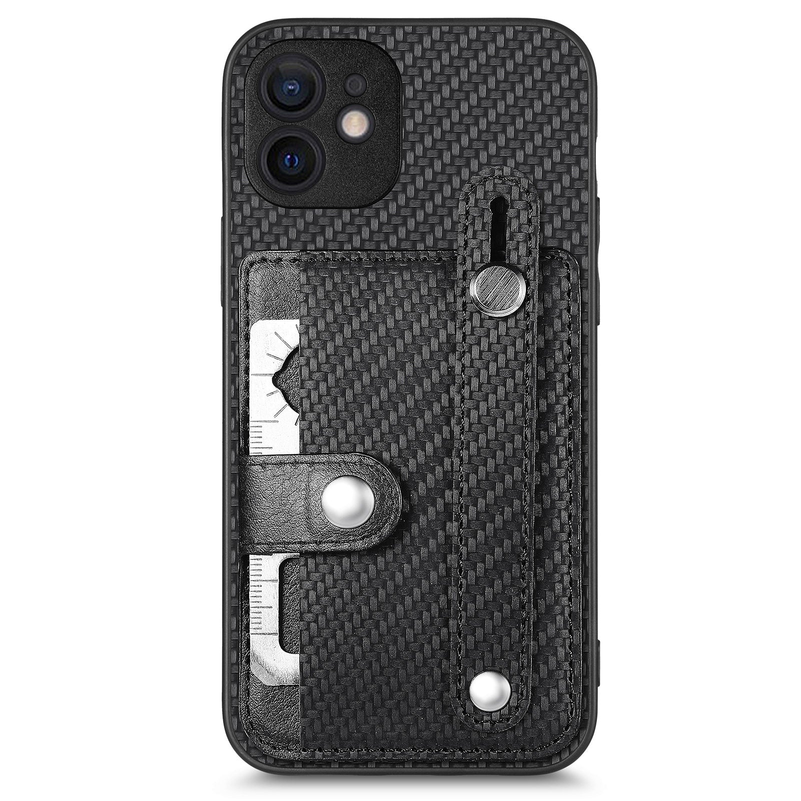 C1-01 For iPhone 12 Case Carbon Fiber Texture PU+TPU+PC Kickstand Phone Cover with Card Slot