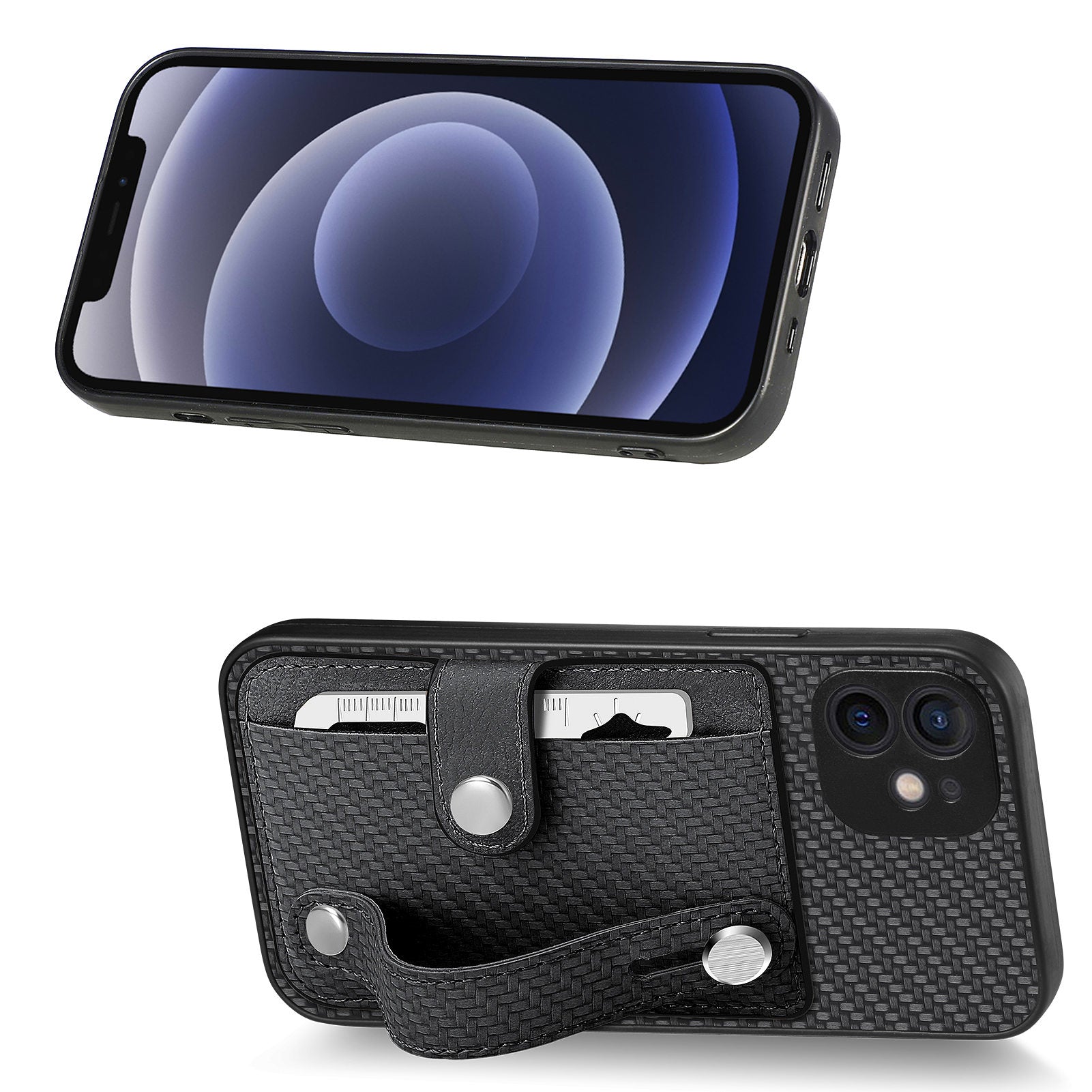 C1-01 For iPhone 12 Case Carbon Fiber Texture PU+TPU+PC Kickstand Phone Cover with Card Slot