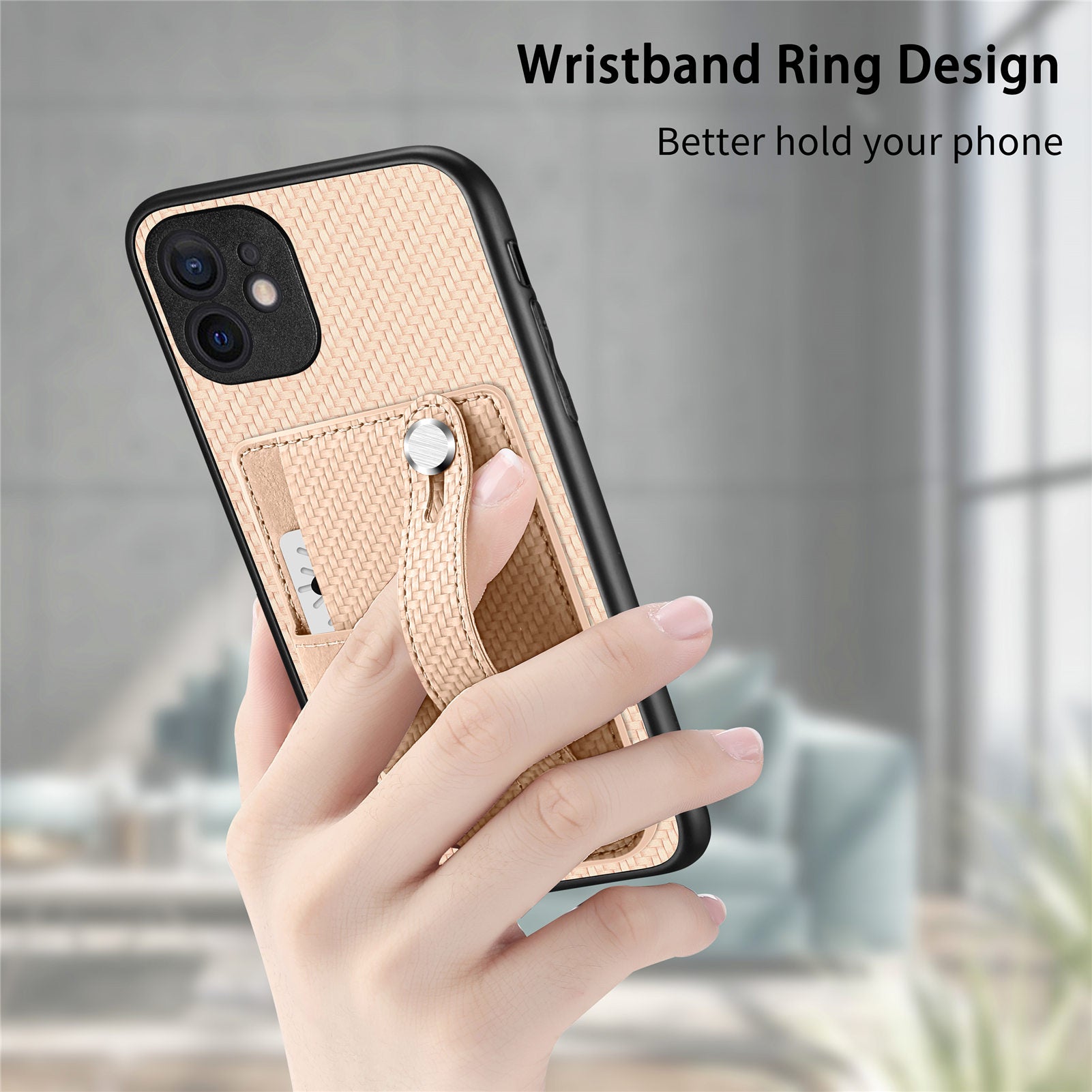 C1-01 For iPhone 12 Case Carbon Fiber Texture PU+TPU+PC Kickstand Phone Cover with Card Slot