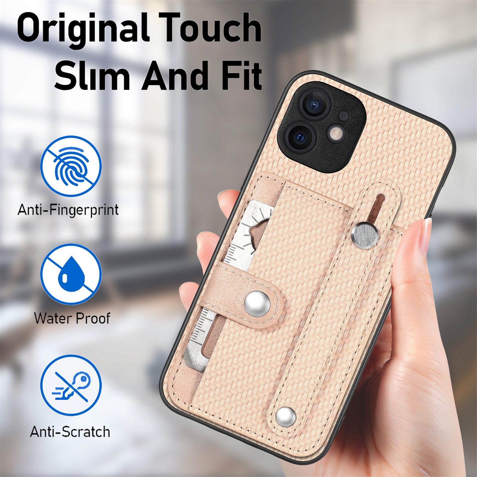 C1-01 For iPhone 12 Case Carbon Fiber Texture PU+TPU+PC Kickstand Phone Cover with Card Slot